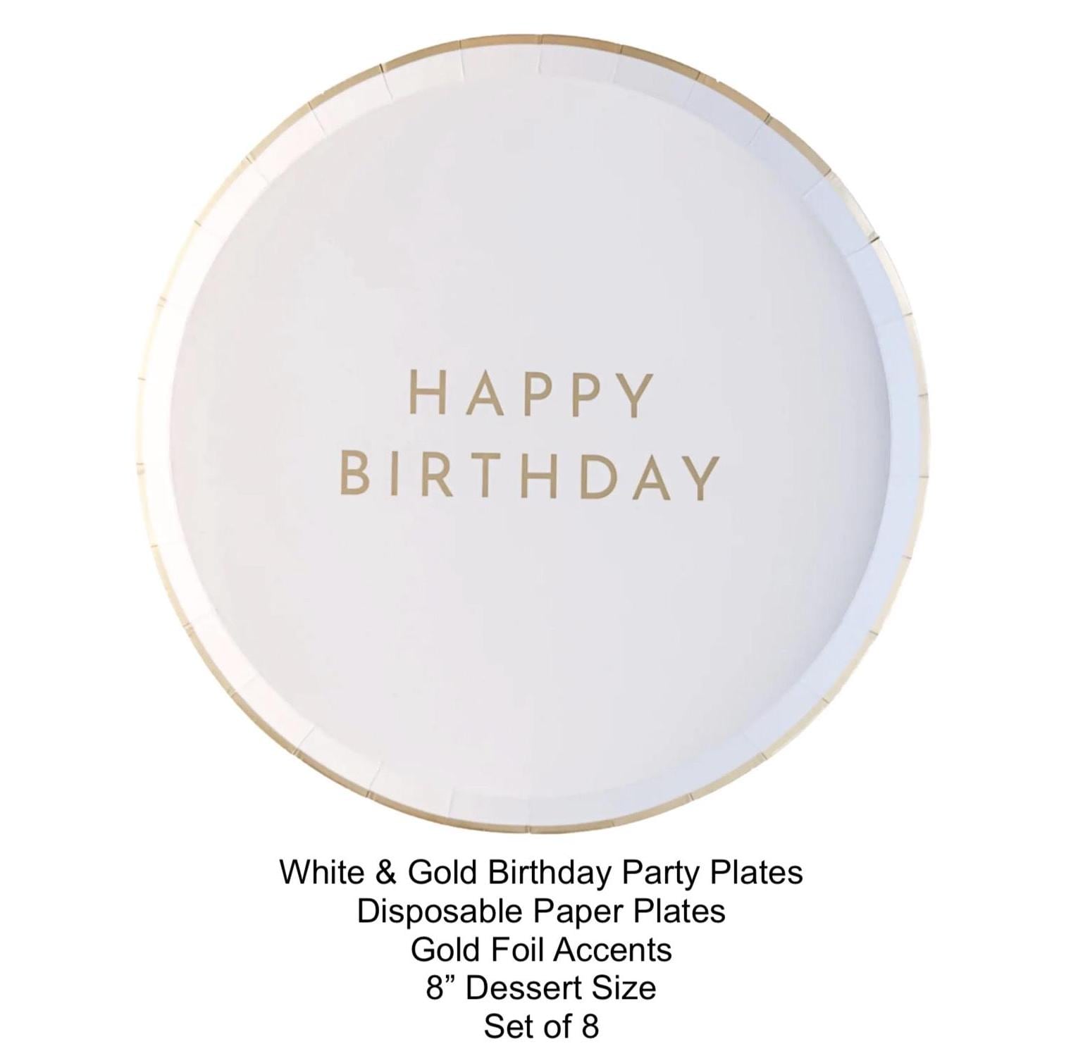 White & Gold Birthday Paper Dessert Plates 8ct - Stesha Party