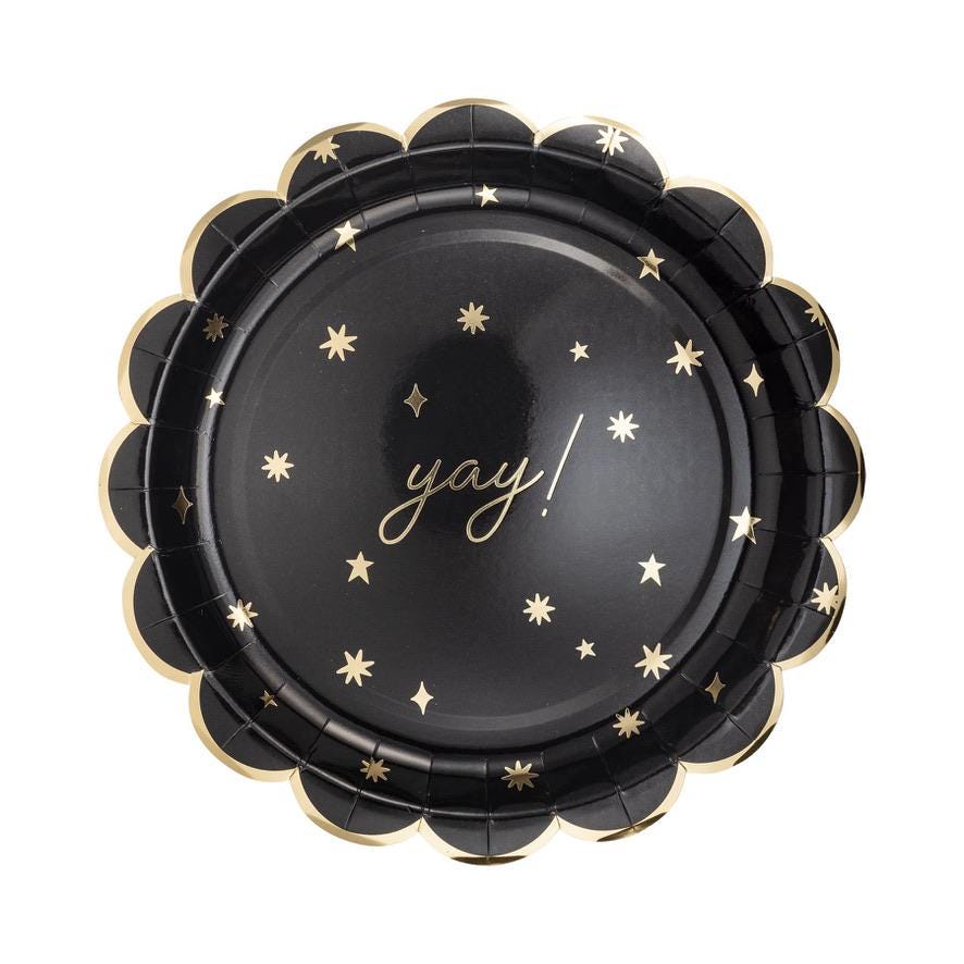 "Yay!" Black & Gold Paper Dinner Plates 8ct - Stesha Party