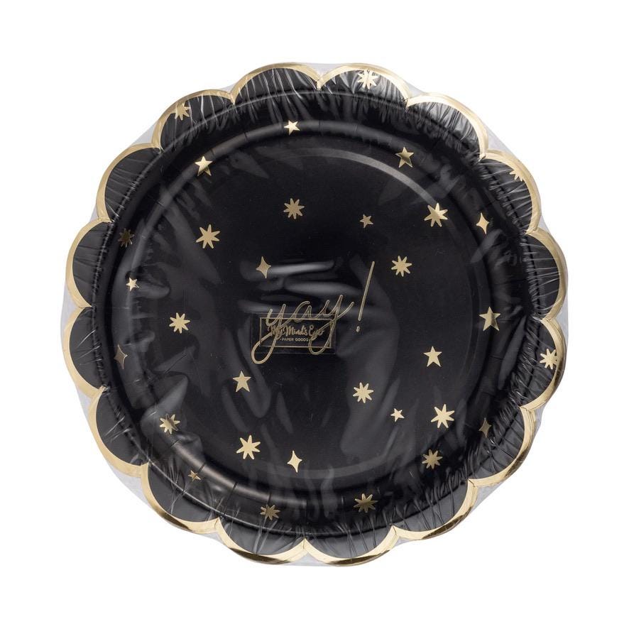 "Yay!" Black & Gold Paper Dinner Plates 8ct - Stesha Party