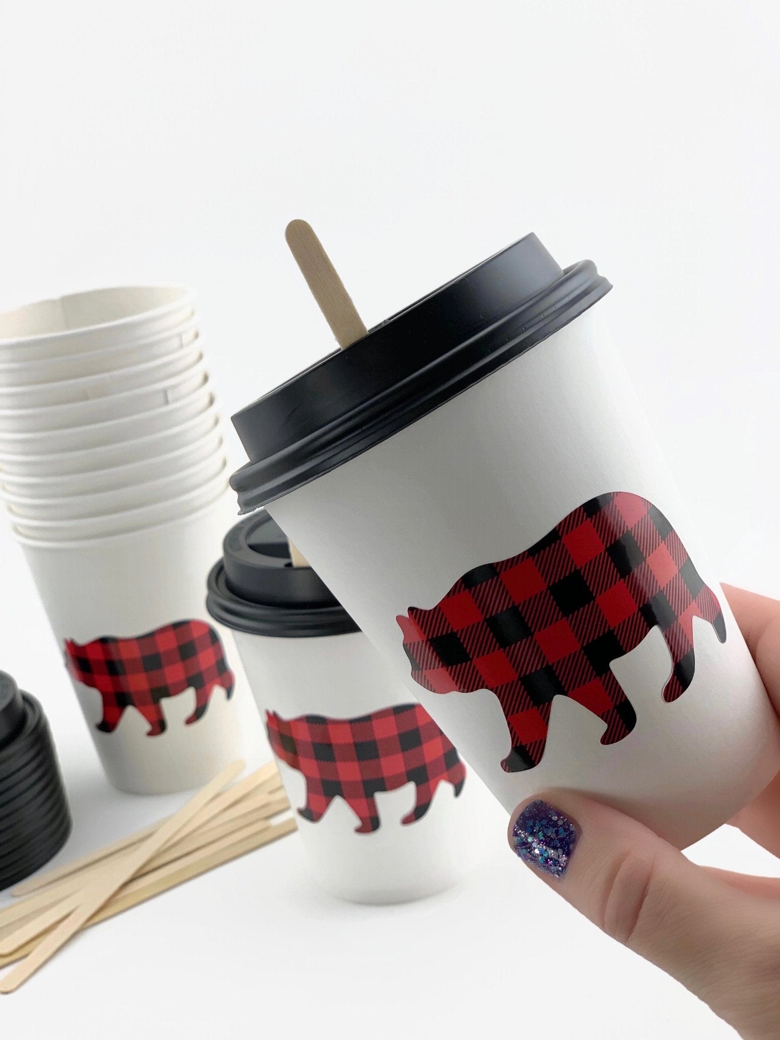 Buffalo Plaid Bear Paper Cups with Lids - Stesha Party