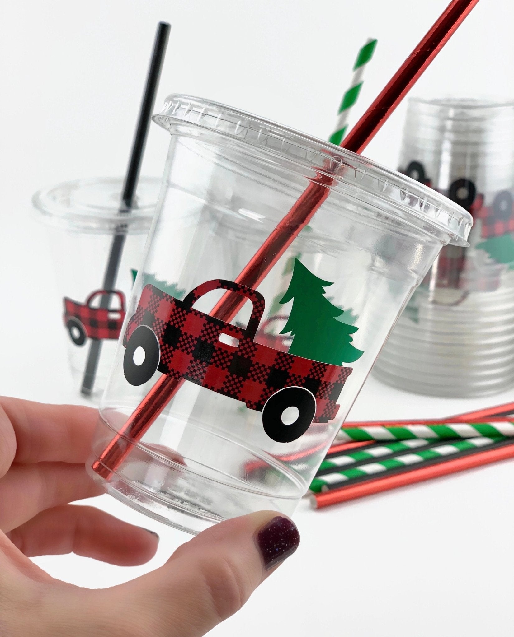 Buffalo Plaid Christmas Truck Clear Party Cups - Stesha Party