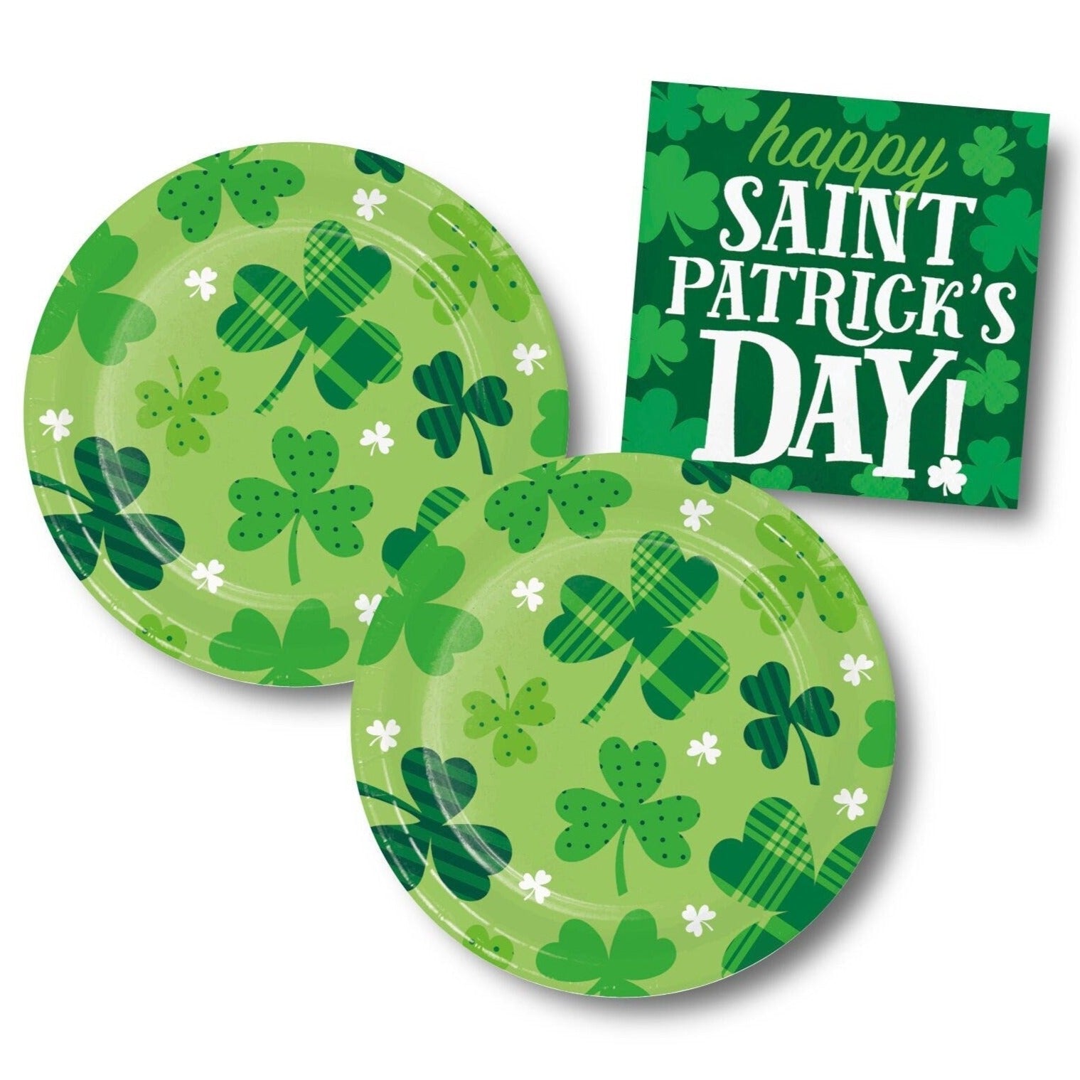 Green Shamrock St. Patricks Plates & Napkins (16 Guests) - Stesha Party
