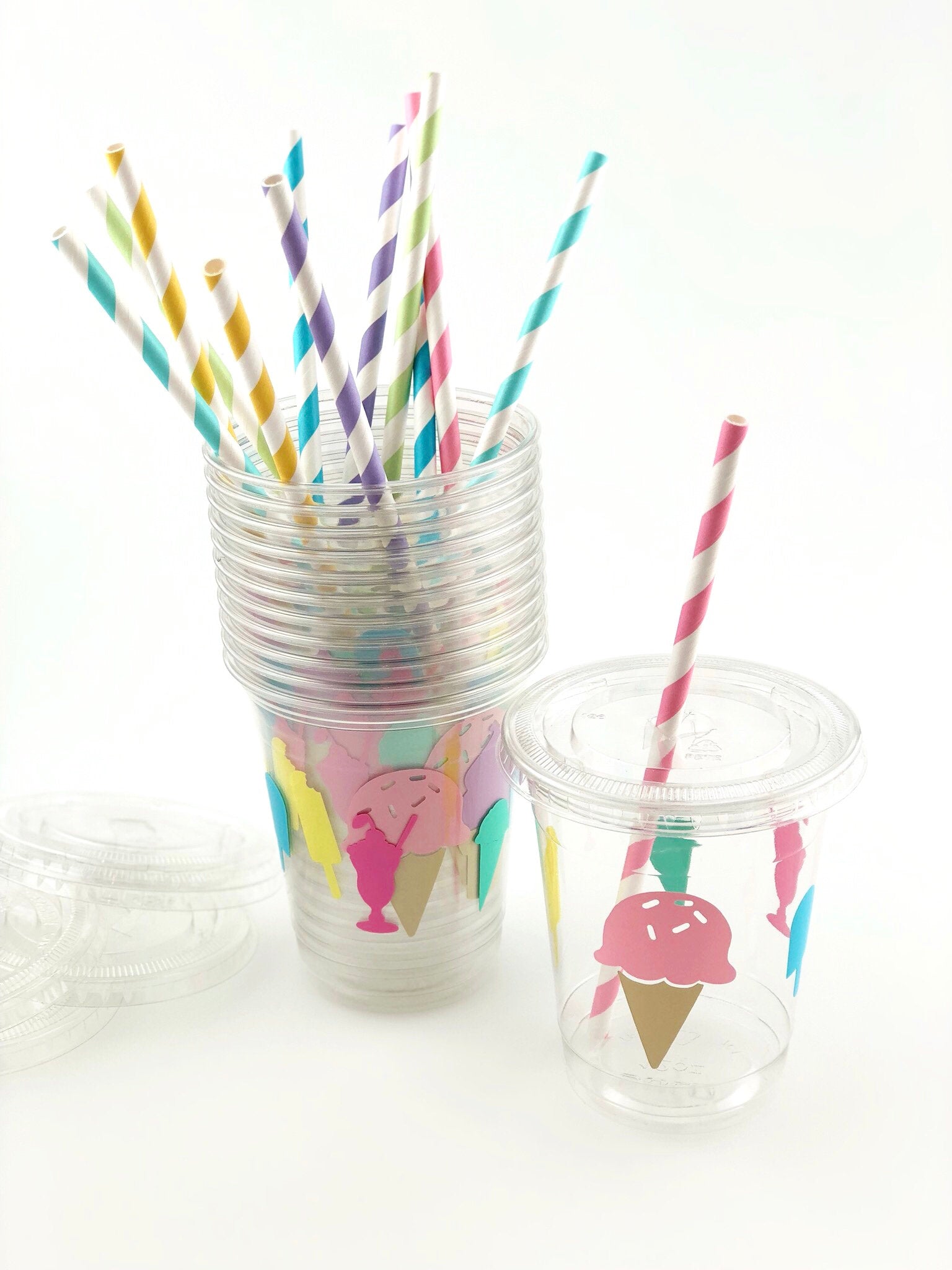 Ice Cream Party Clear Cups With Lids Set - Stesha Party