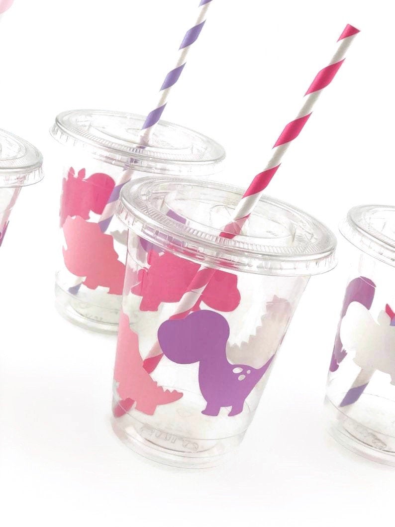 Lidded Clear Pink Dinosaur Party Cup Set - Stesha Party