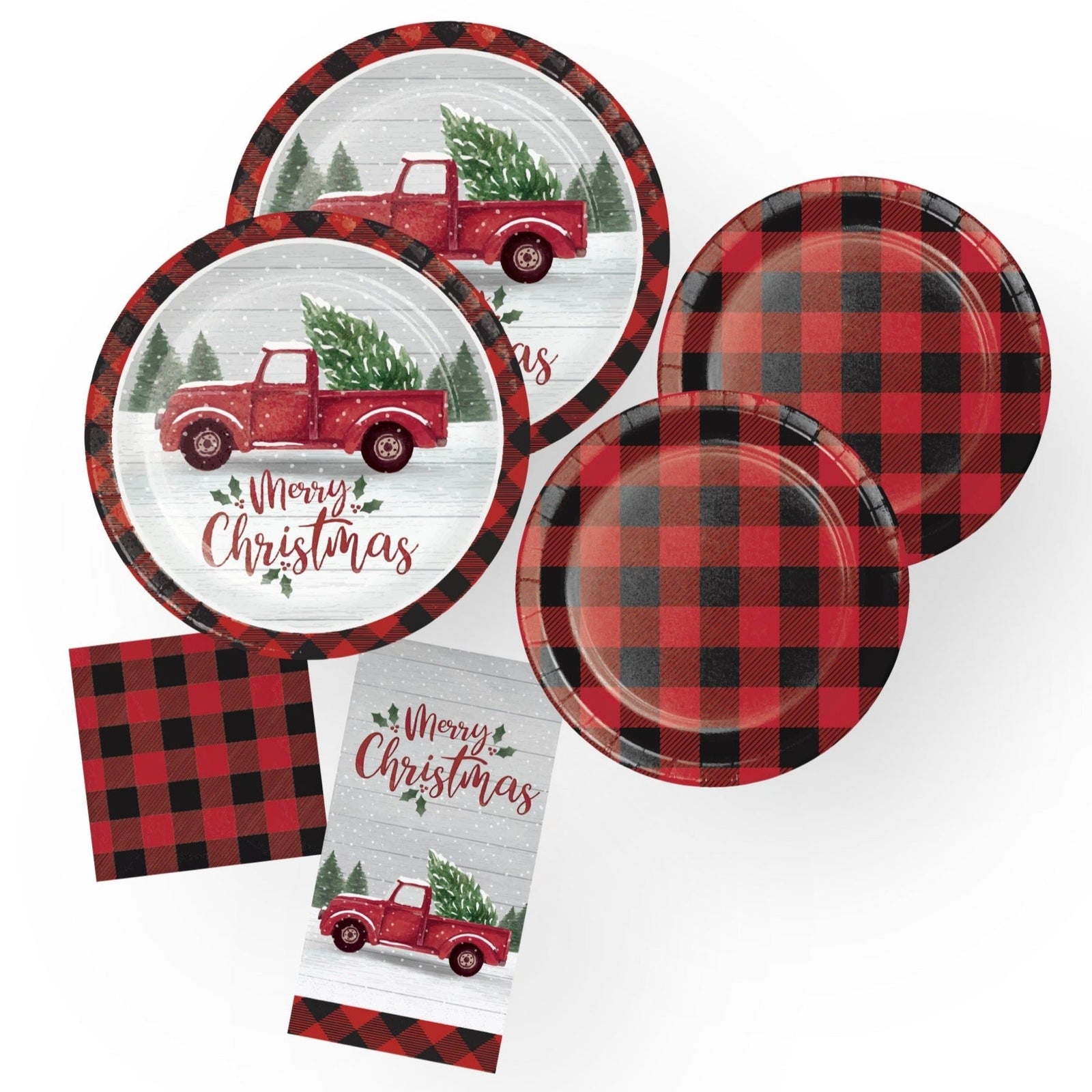 Red Truck Buffalo Plaid Christmas Plates & Napkins - Stesha Party