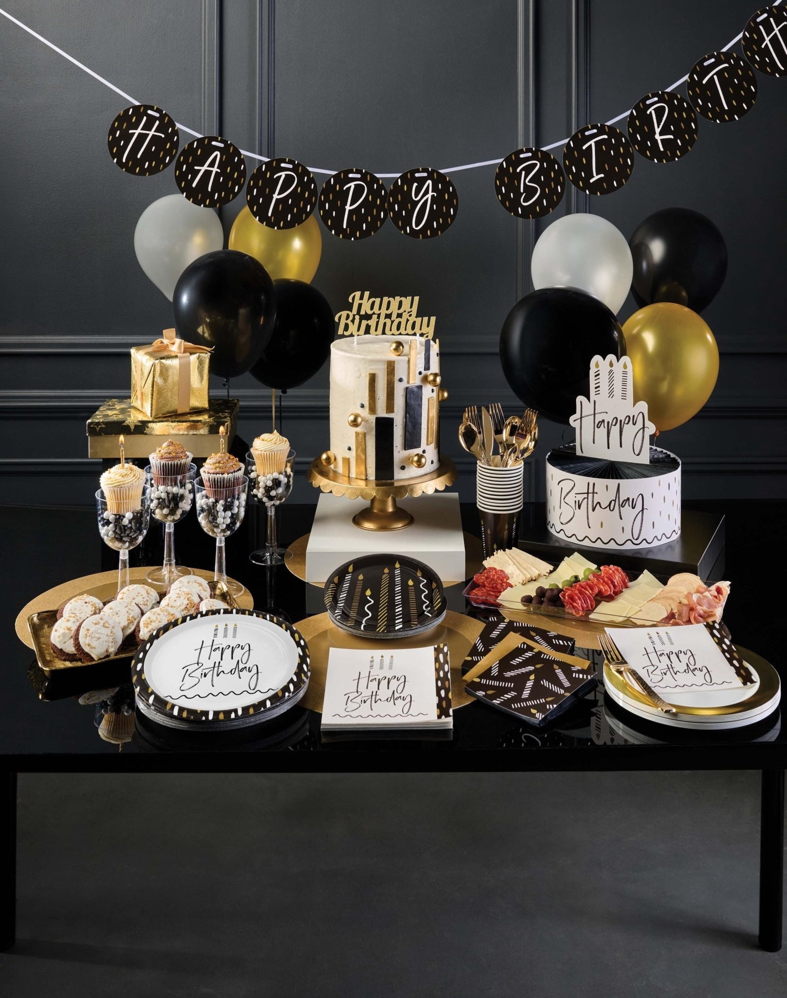 Black and Gold Happy Birthday Plates - Stesha Party