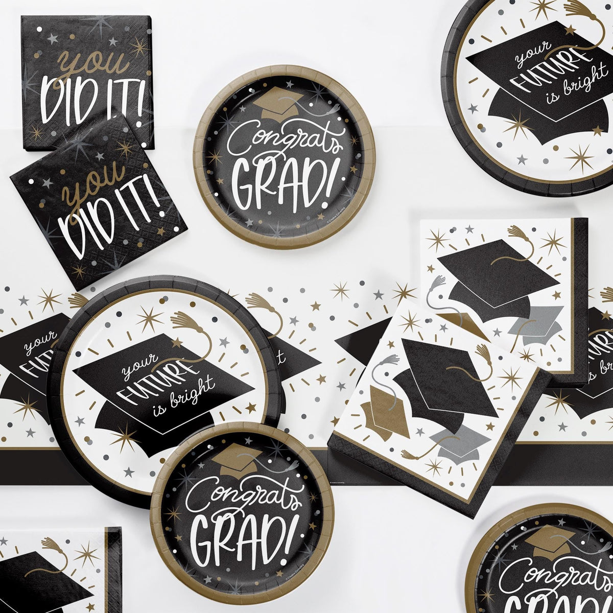 Black & Gold Graduation Cap Plates - Stesha Party