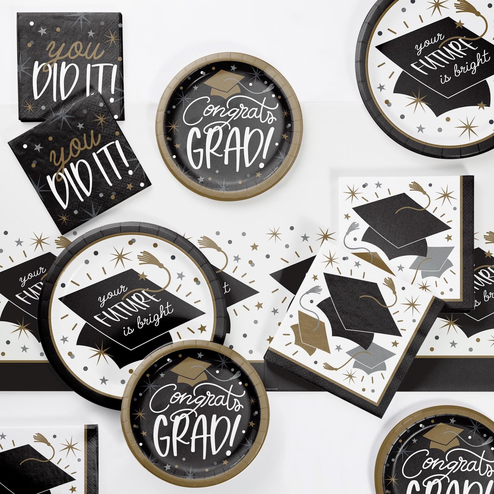 Black & Gold Graduation Cap Plates - Stesha Party