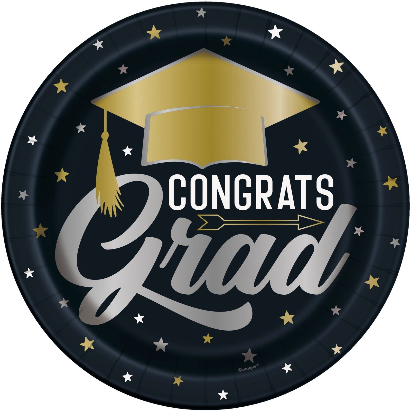 Black & Gold Graduation Party Paper Plates, Napkins & Confetti - Stesha Party