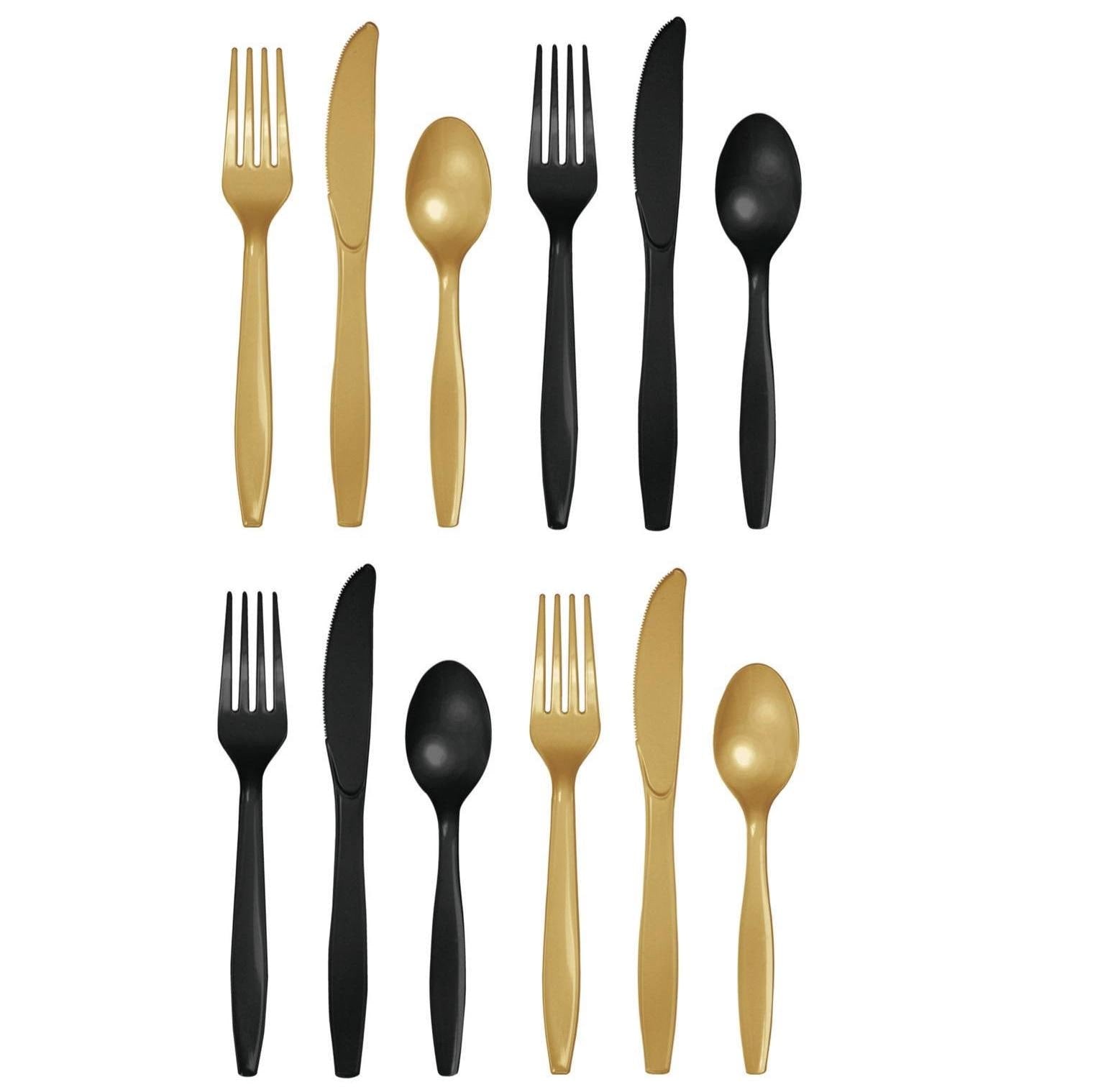 Black & Gold Plastic Cutlery for 24 Guests - Stesha Party