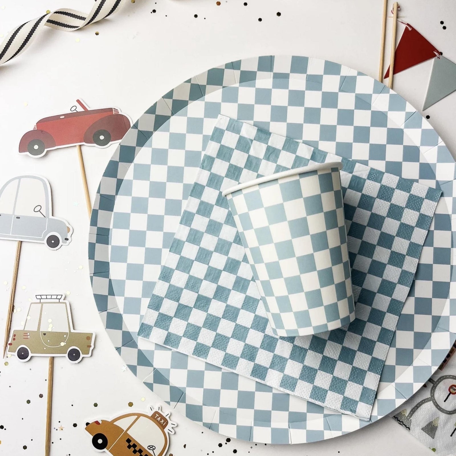 Blue Checkered Paper Plates 8ct - Stesha Party