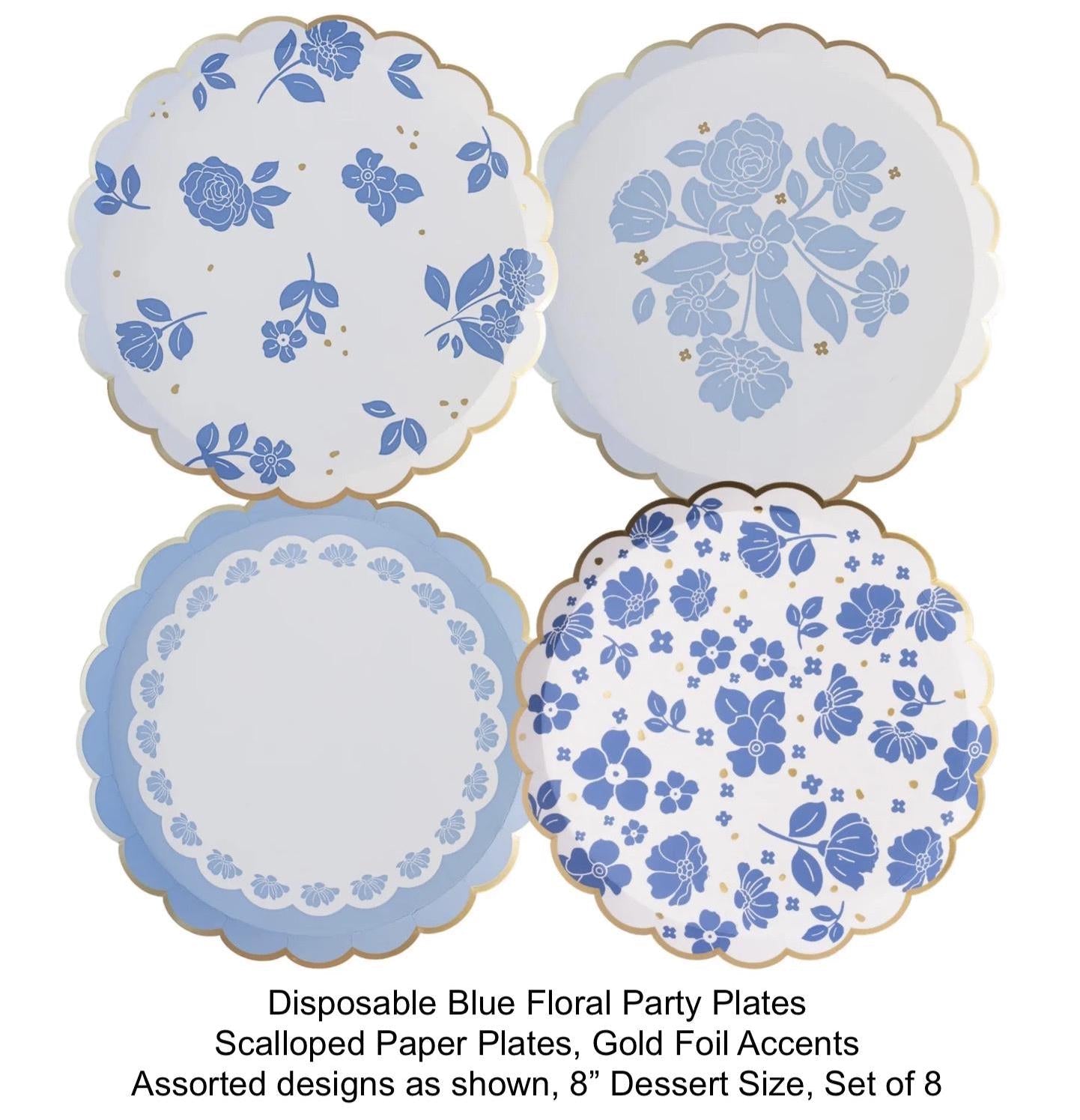 Blue Floral Dessert Plates 8ct - Stesha Party
