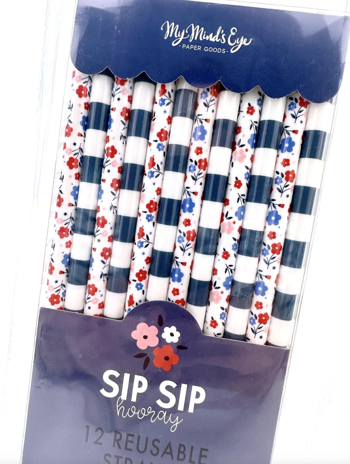 Blue Stripe & Floral Reusable Straws 12ct - Stesha Party