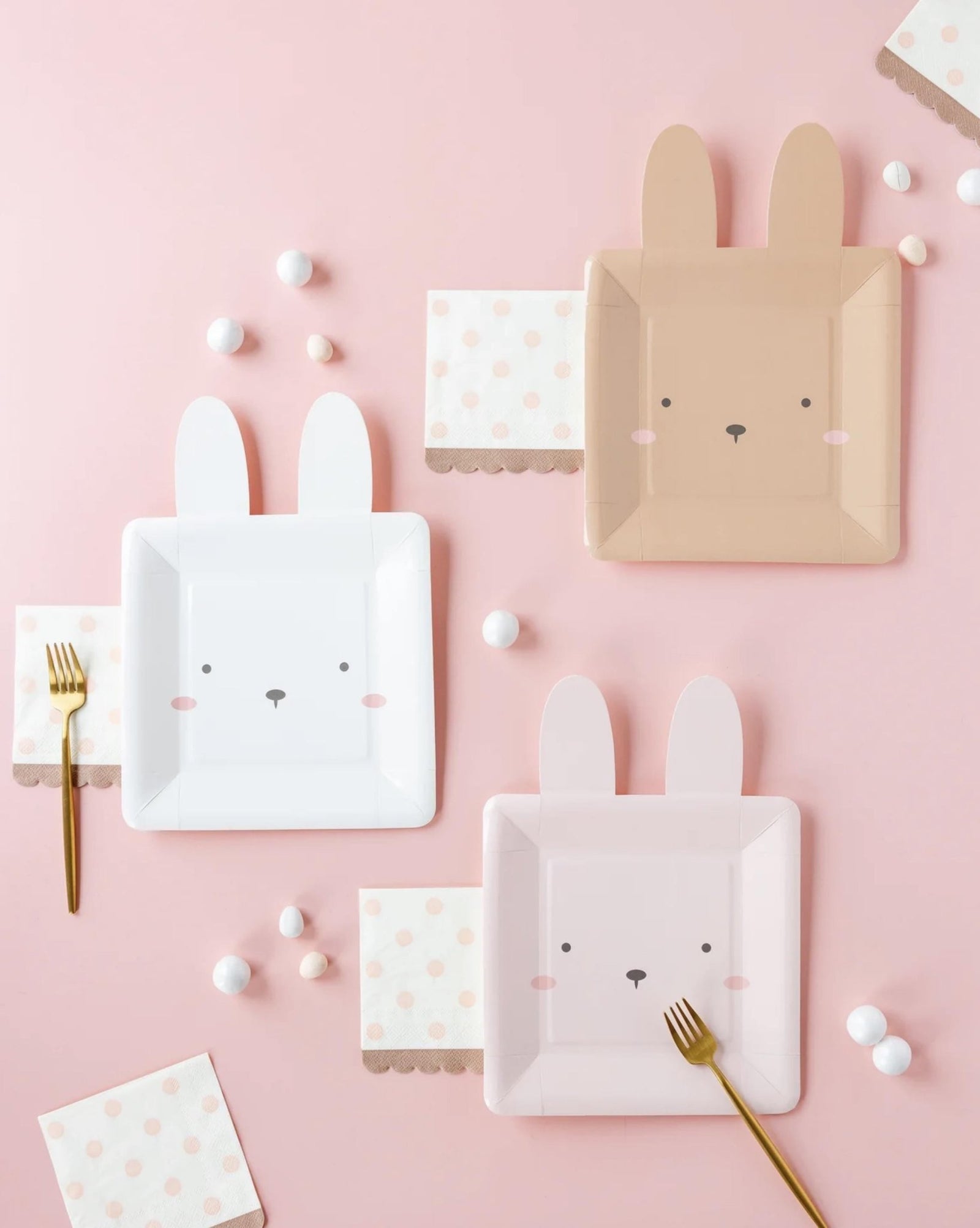 Brown, Pink & White Square Bunny Face Plates 9ct - Stesha Party