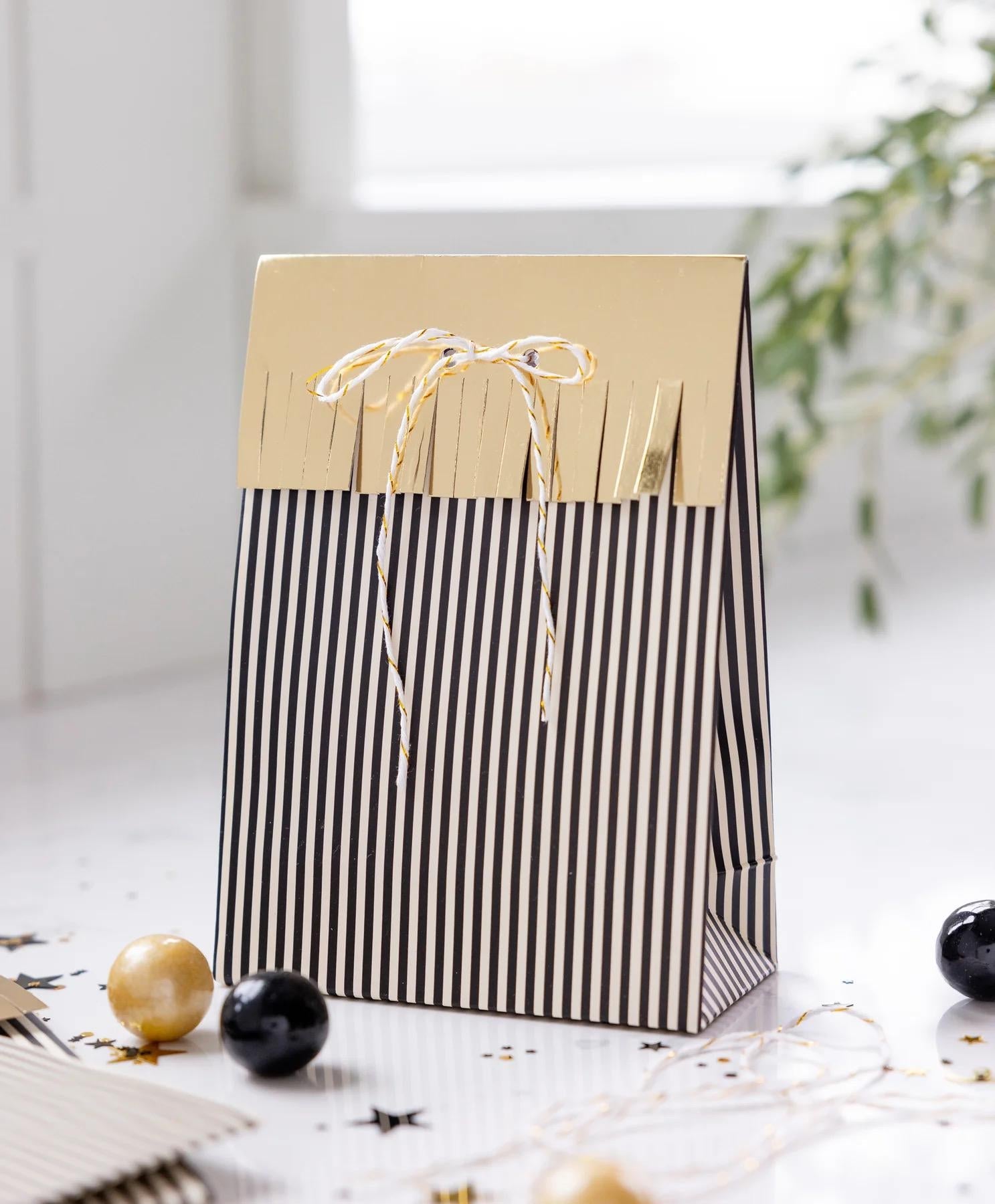 B&W Striped Favor Bags Gold Foil Fringe 12ct - Stesha Party