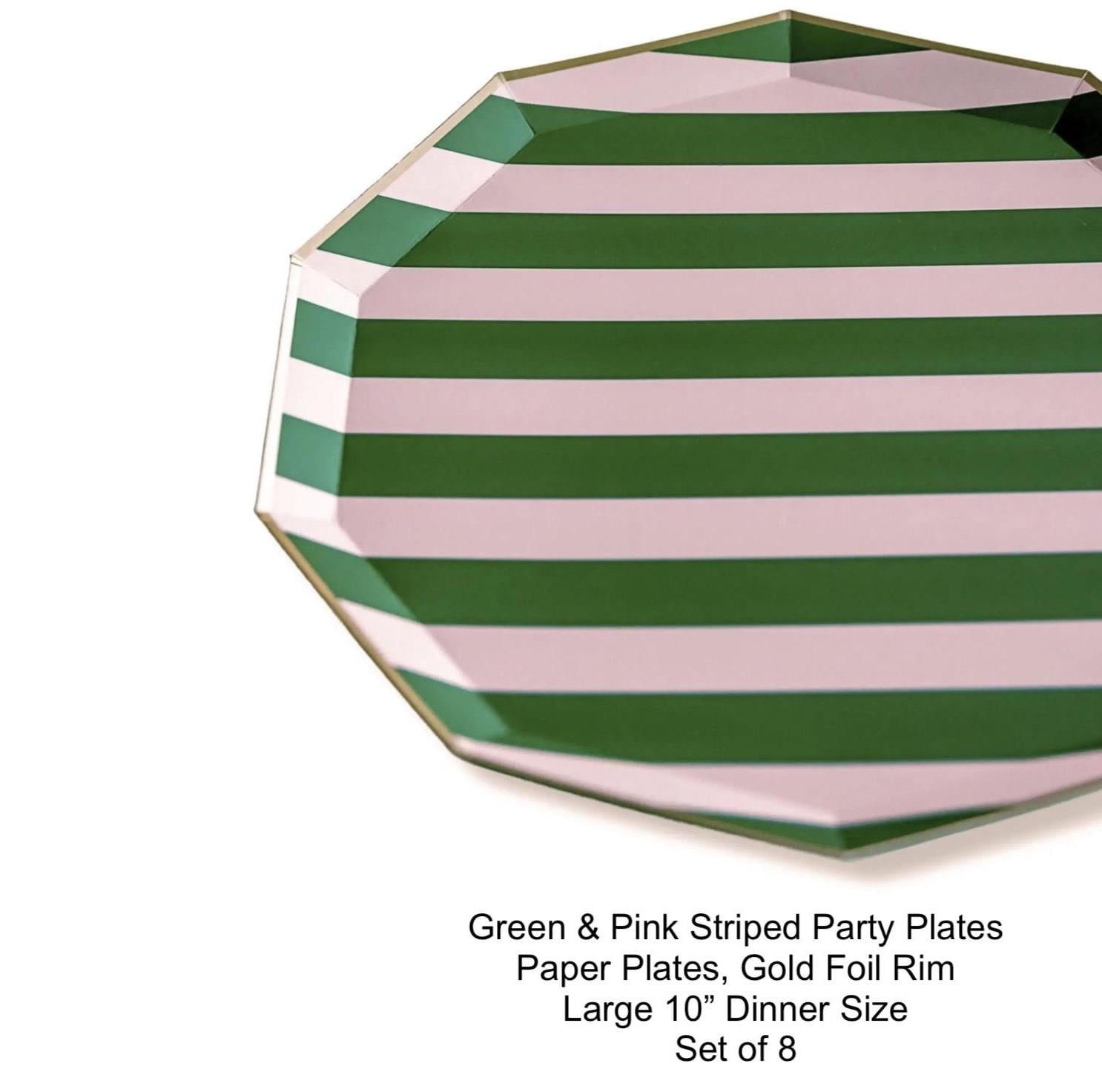 Decagon Shaped Pink & Green Stripe Paper Plates 8ct - Stesha Party
