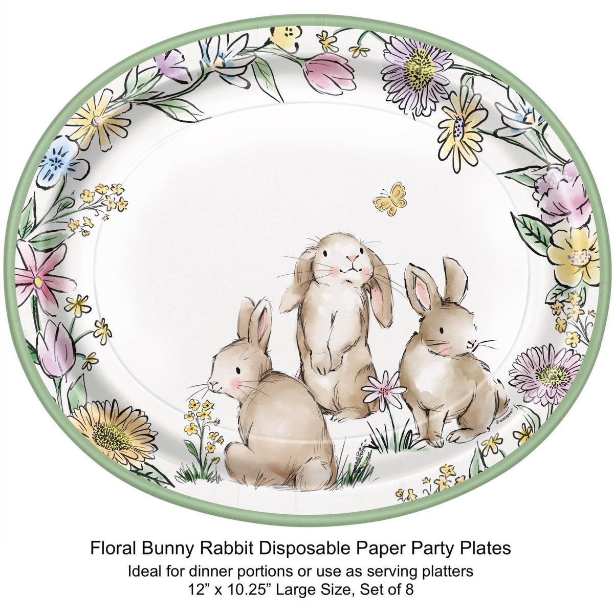 Floral Bunny Rabbit Paper Serving Platters 8ct - Stesha Party