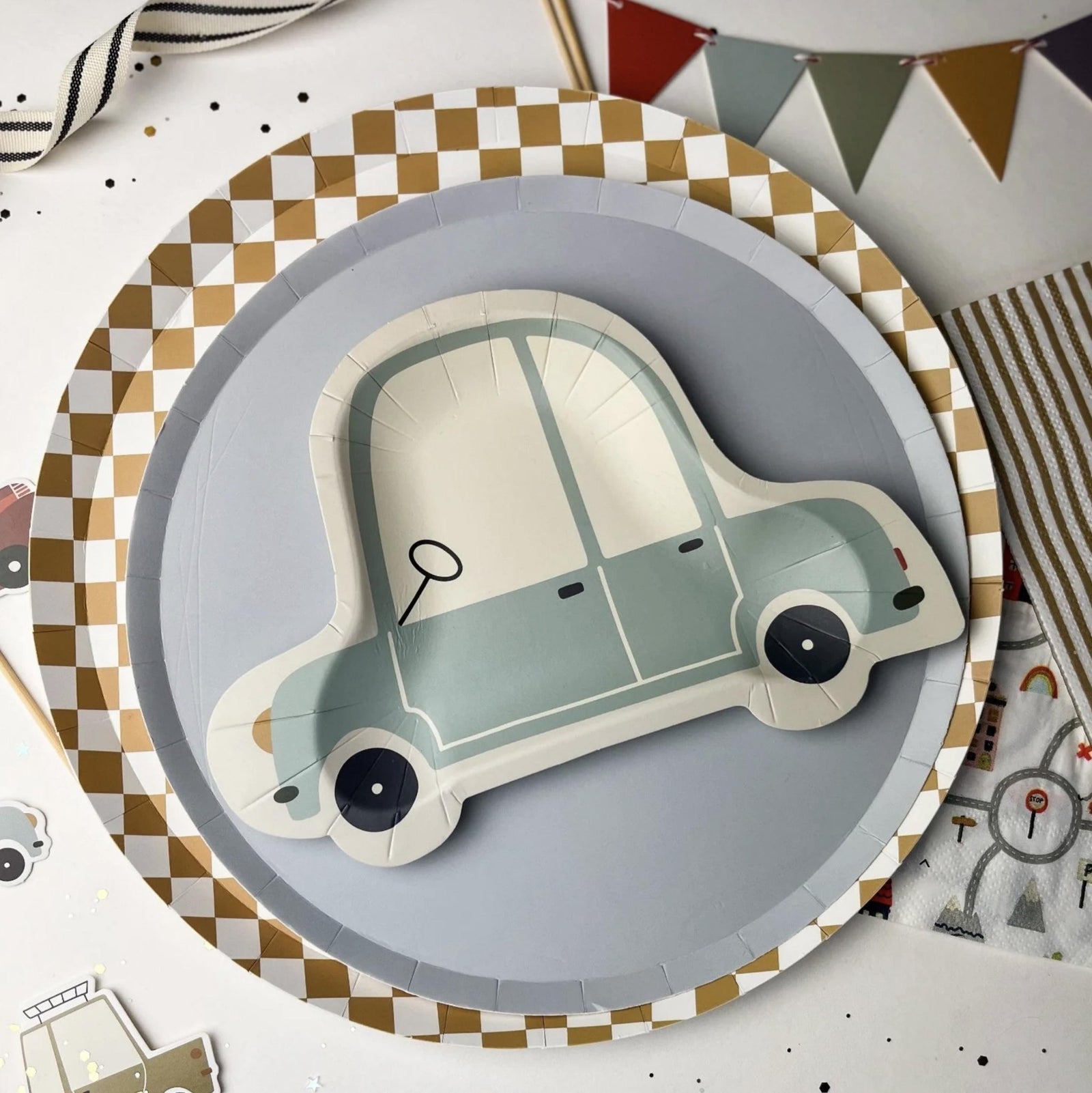 Gold Checkered Party Plates 8ct - Stesha Party