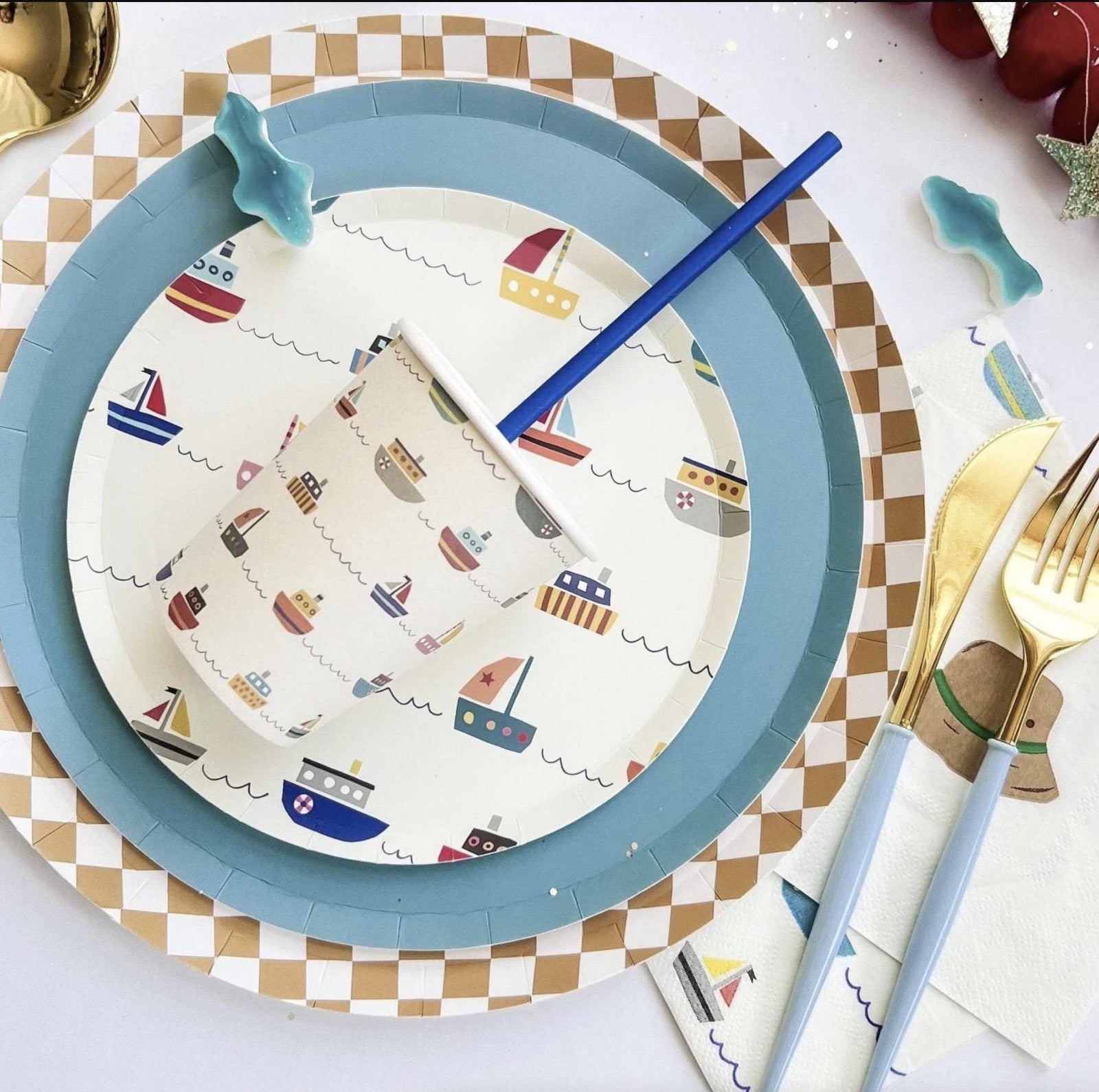 Gold Checkered Party Plates 8ct - Stesha Party