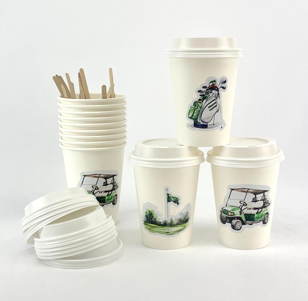 Golf Party Paper Cups with Lids & Stir Sticks 12ct - Stesha Party