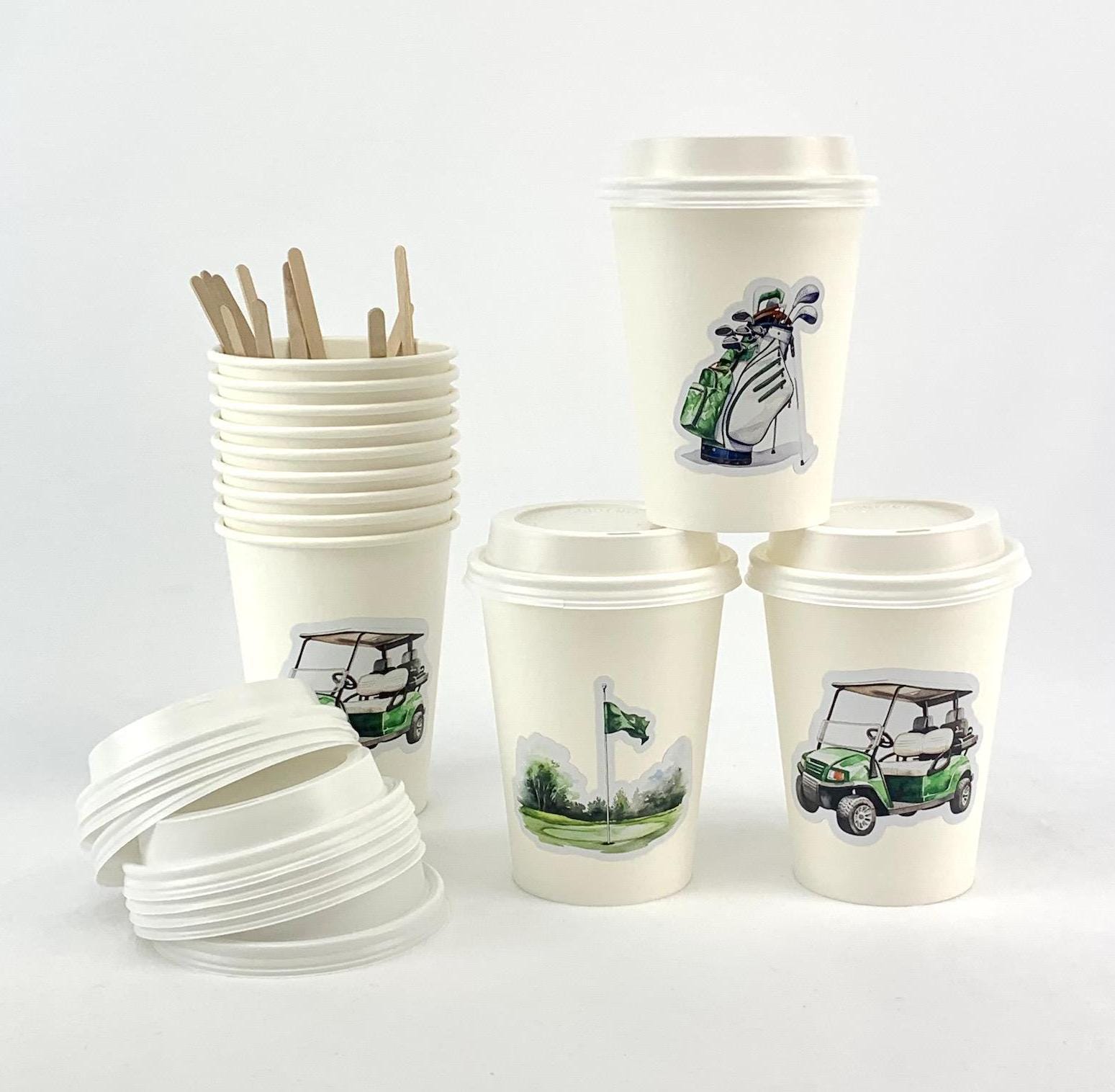 Golf Party Paper Cups with Lids & Stir Sticks 12ct - Stesha Party