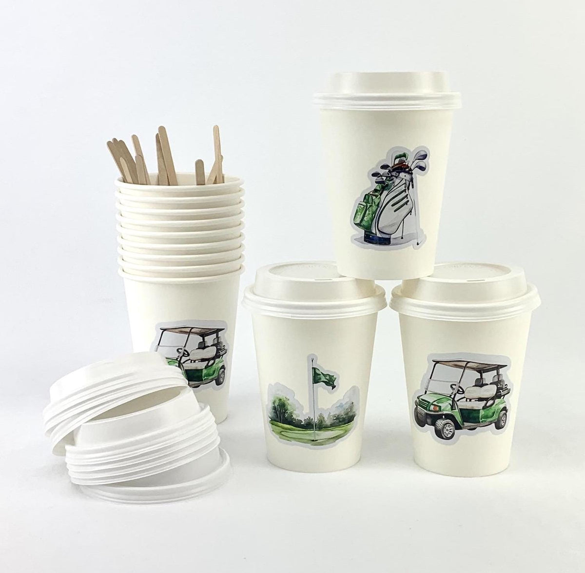 Golf Party Paper Cups with Lids & Stir Sticks 12ct - Stesha Party