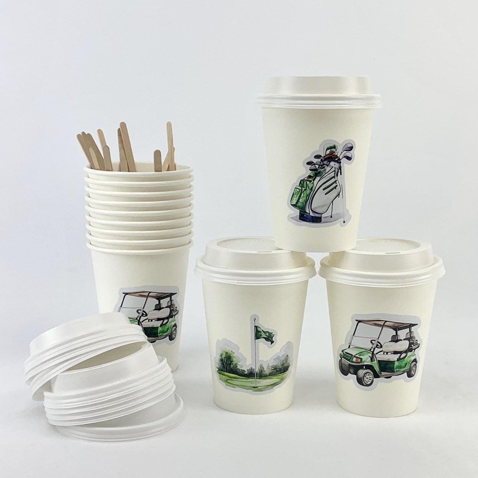 Golf Party Paper Cups with Lids & Stir Sticks 12ct - Stesha Party