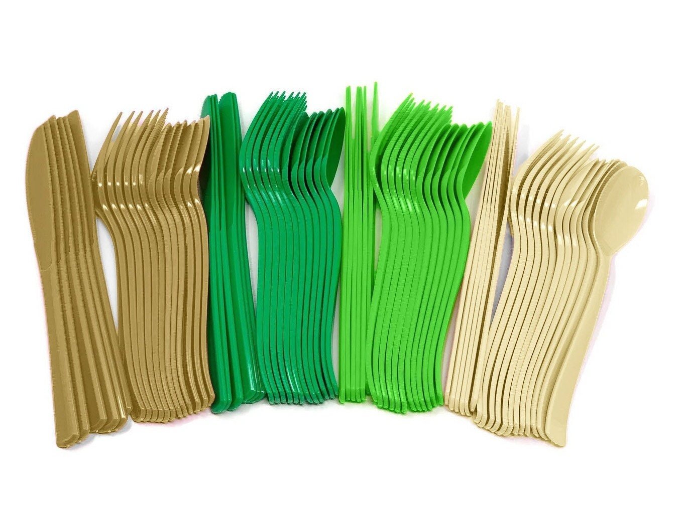 Green Gold & Ivory Plastic Cutlery, 24 Guests - Stesha Party