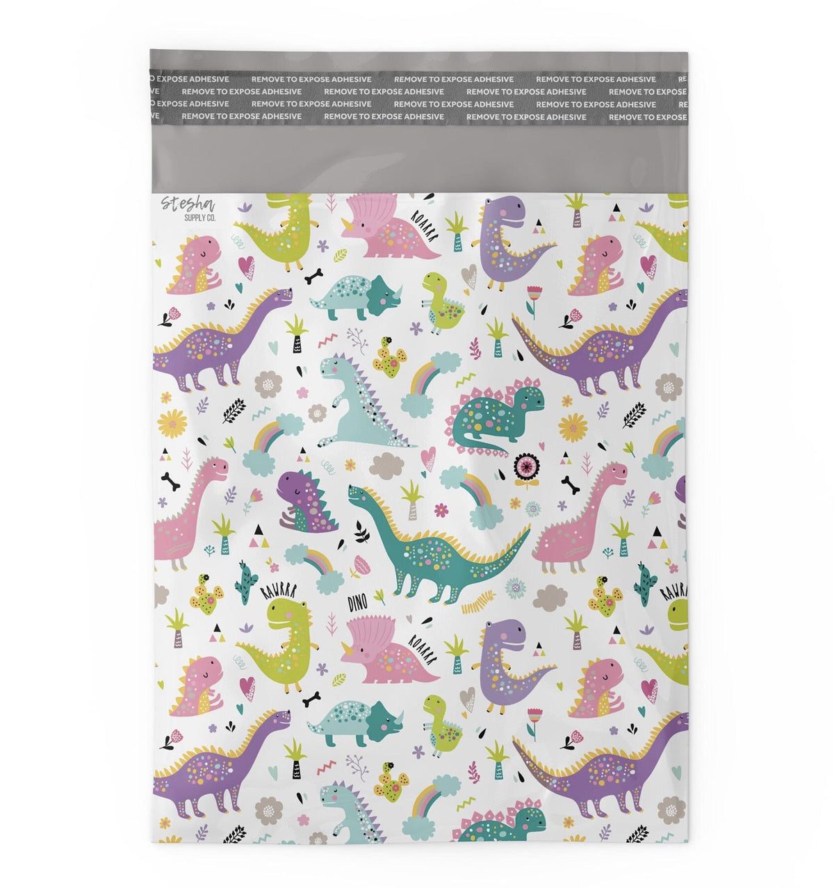 Flat pink dinosaur poly mailer showing self-sealing adhesive strip at top