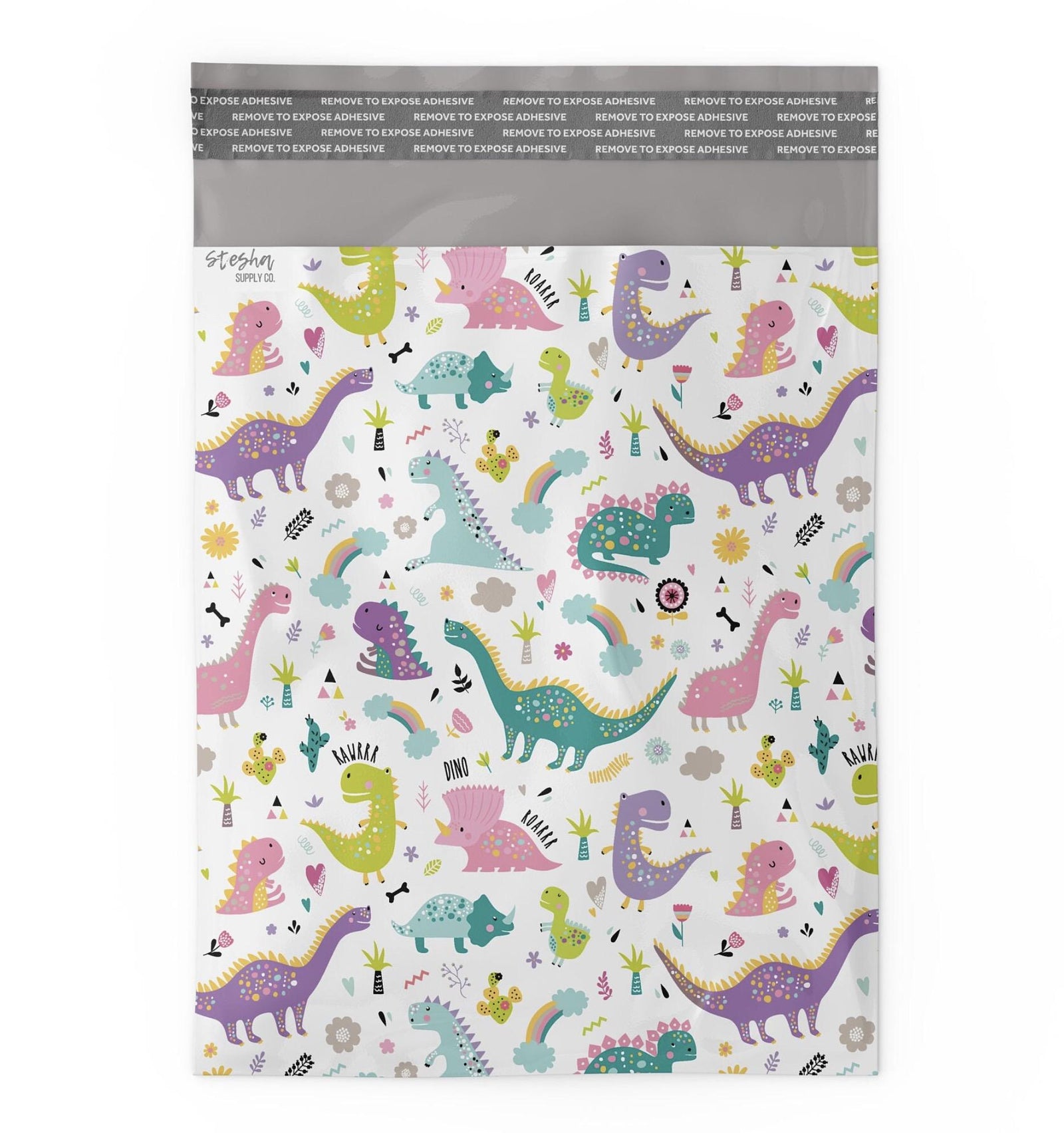 Flat pink dinosaur poly mailer showing self-sealing adhesive strip at top