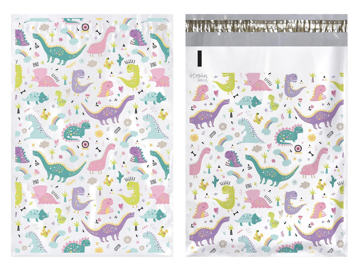 Front and back of pink dinosaur poly mailer showing adhesive strip