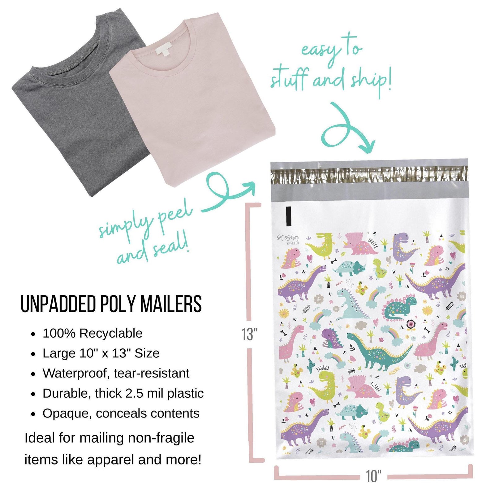 Unpadded 10 x 13 inch poly mailer size chart with folded t-shirts and peel-and-seal closure