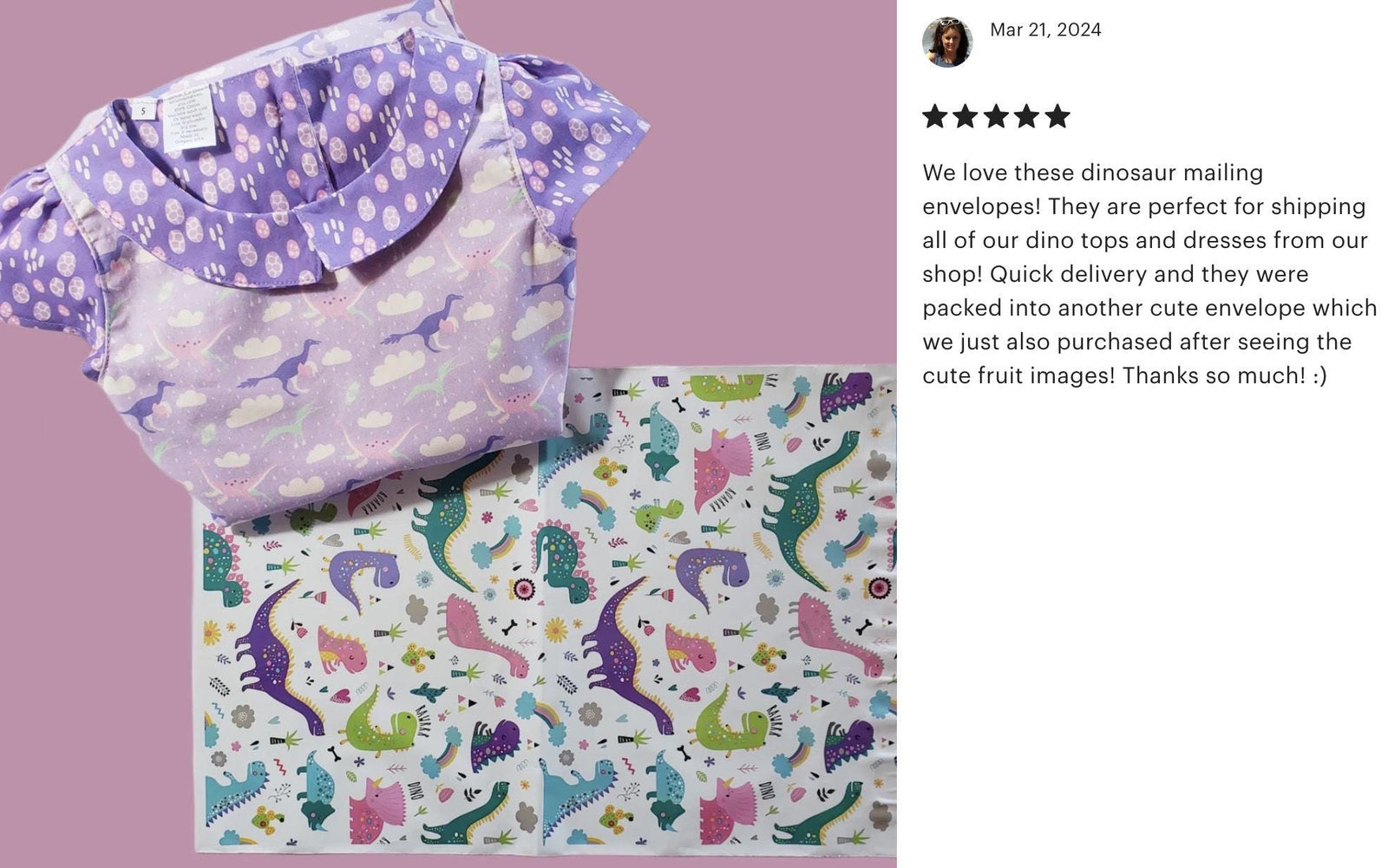 Customer photo of purple outfit on a pink dinosaur poly mailer with five-star review