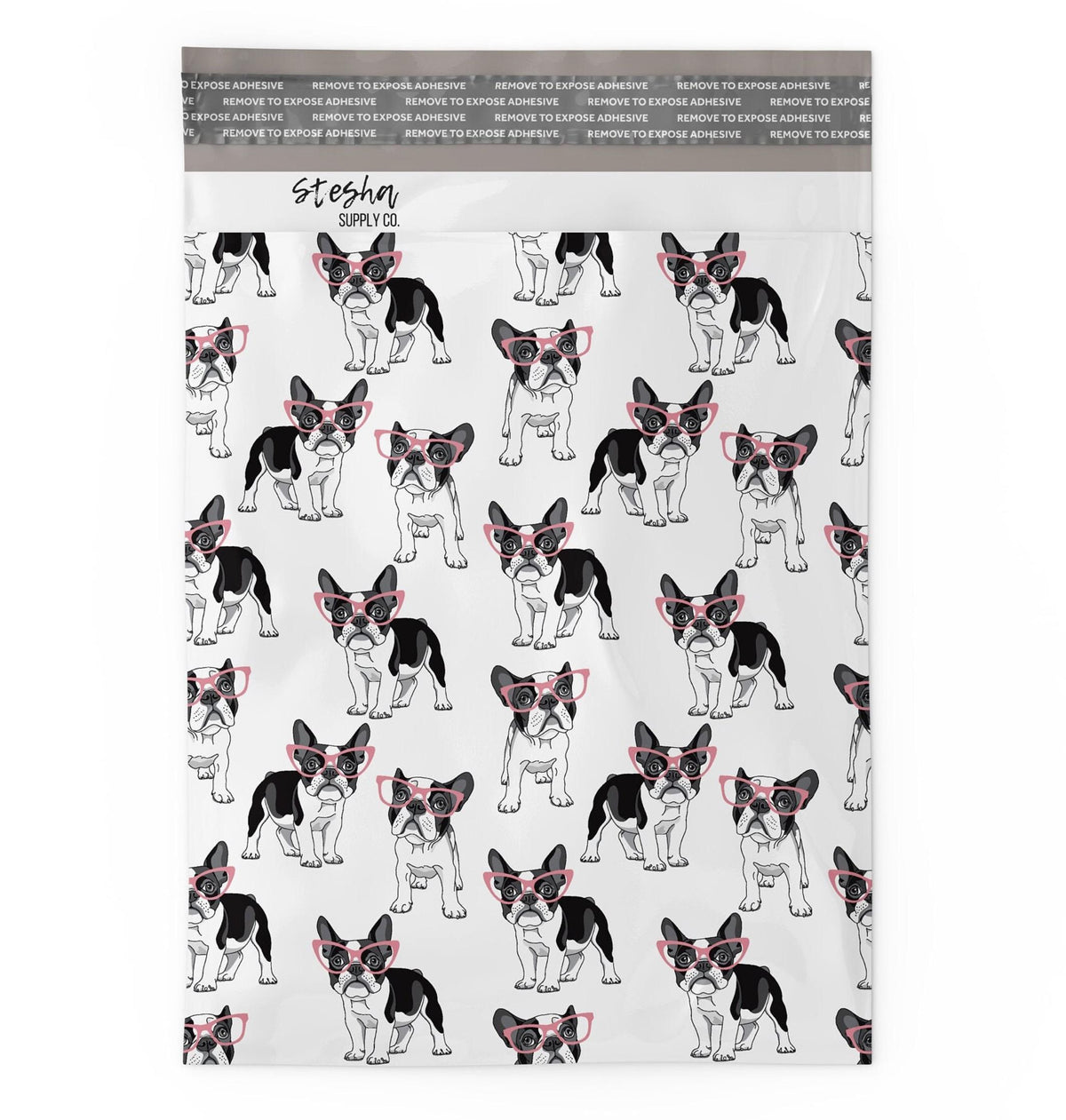 Flat French bulldog poly mailer showing self-sealing adhesive strip at top