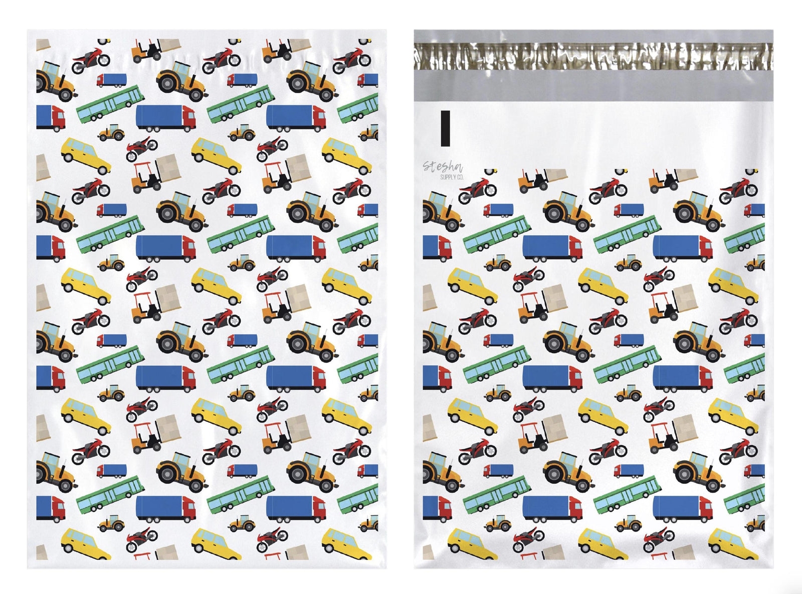 Front and back of cars and trucks poly mailer showing adhesive strip