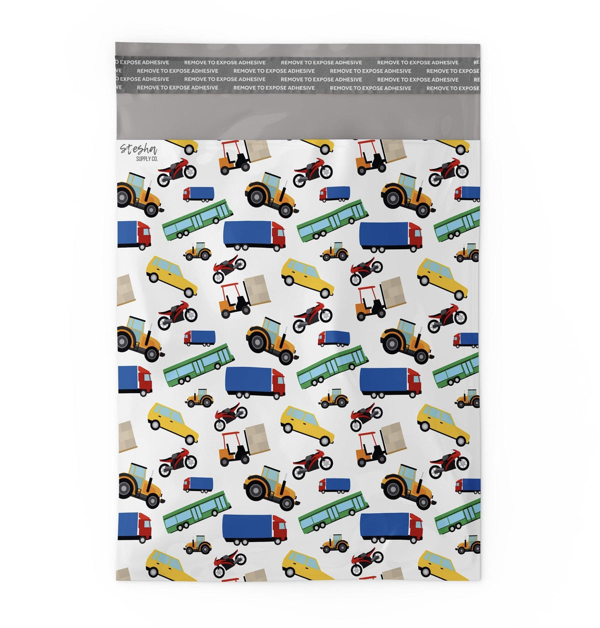 Flat cars and trucks poly mailer showing self-sealing adhesive strip at top