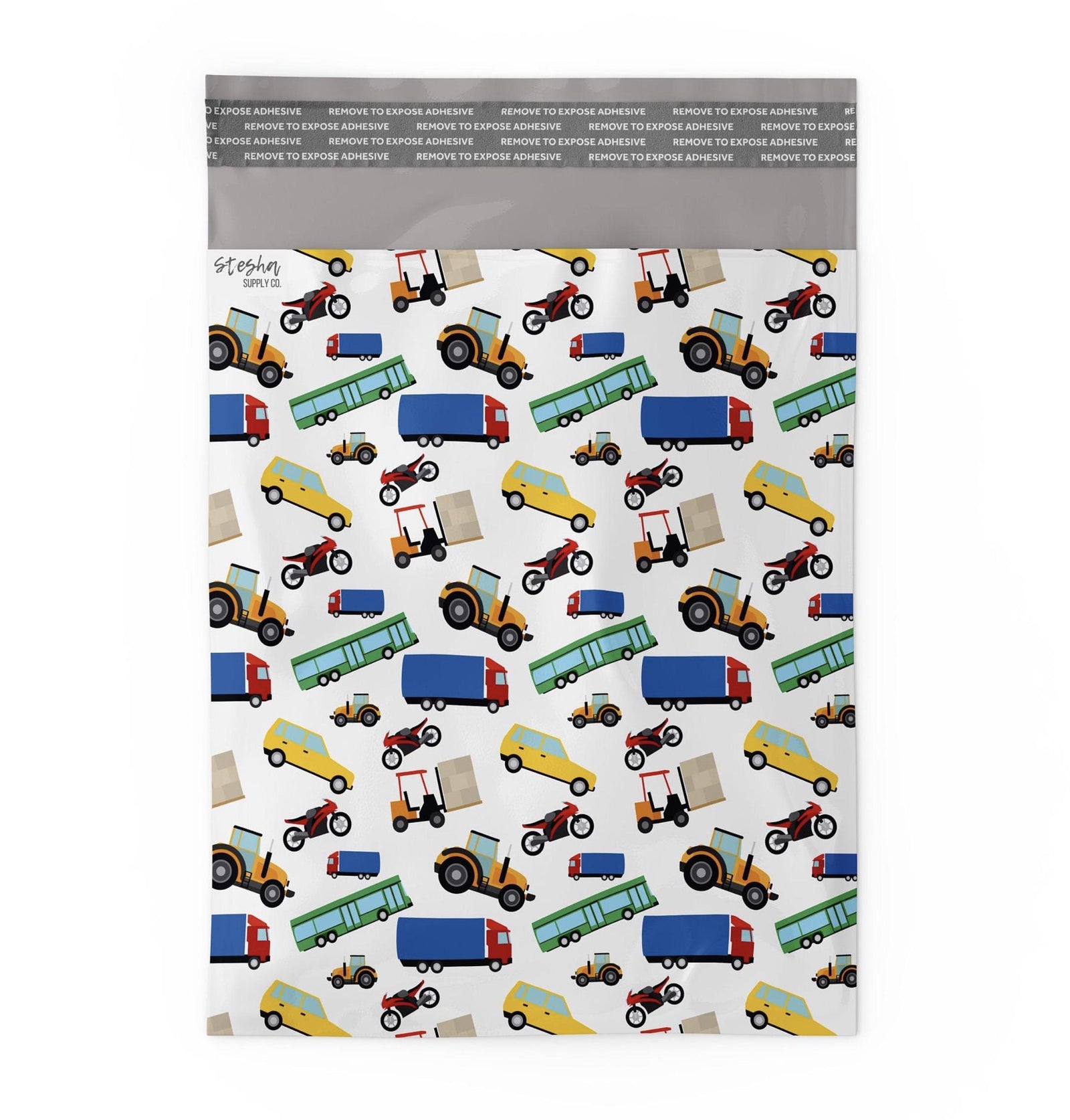 Flat cars and trucks poly mailer showing self-sealing adhesive strip at top