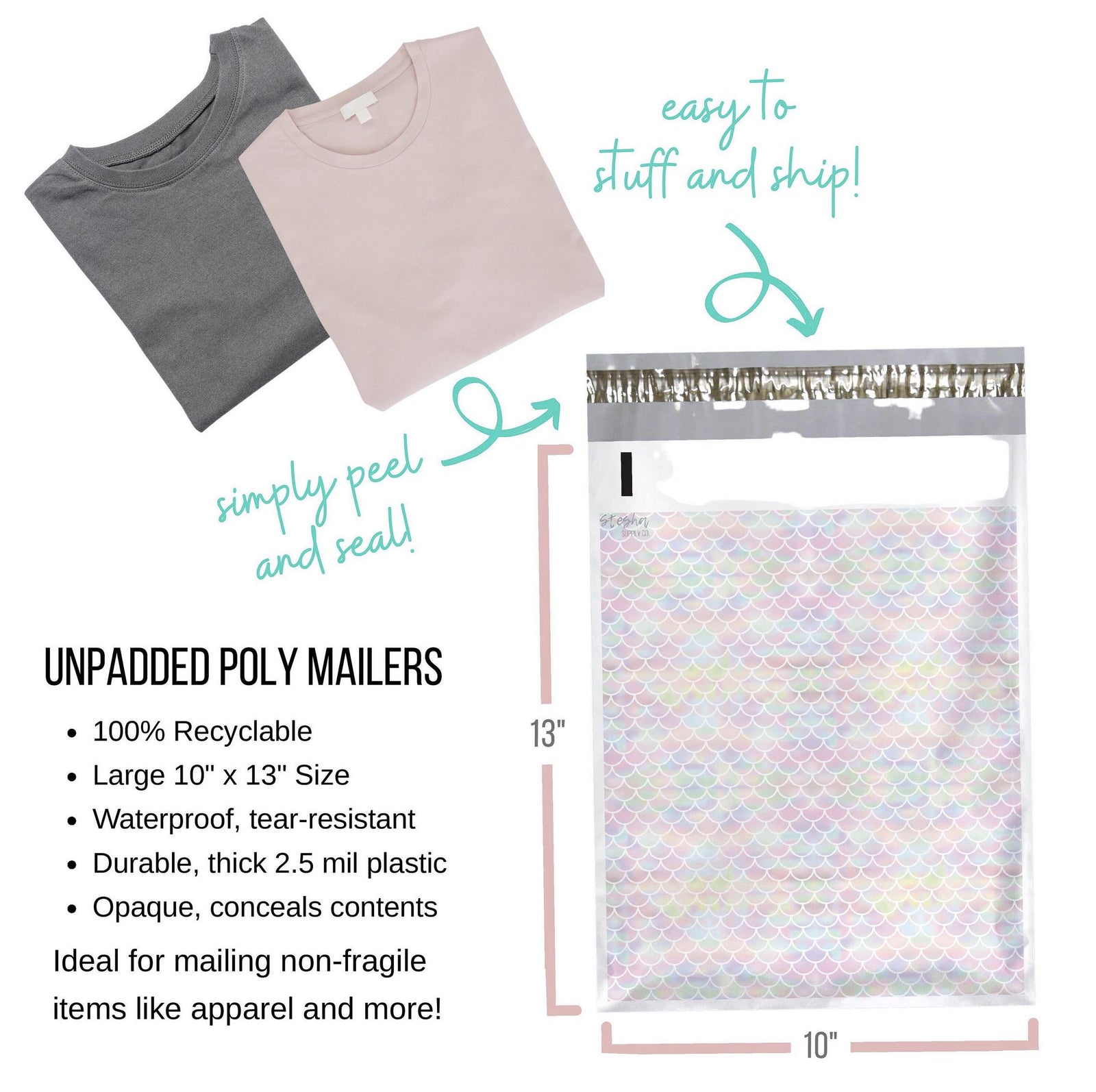 Unpadded 10 x 13 inch poly mailer size chart with folded t-shirts and peel-and-seal closure