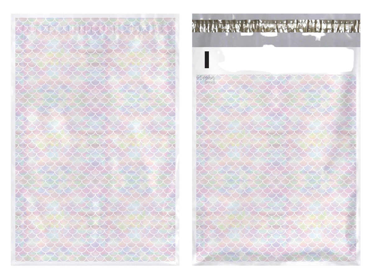 Front and back of mermaid poly mailer showing adhesive strip