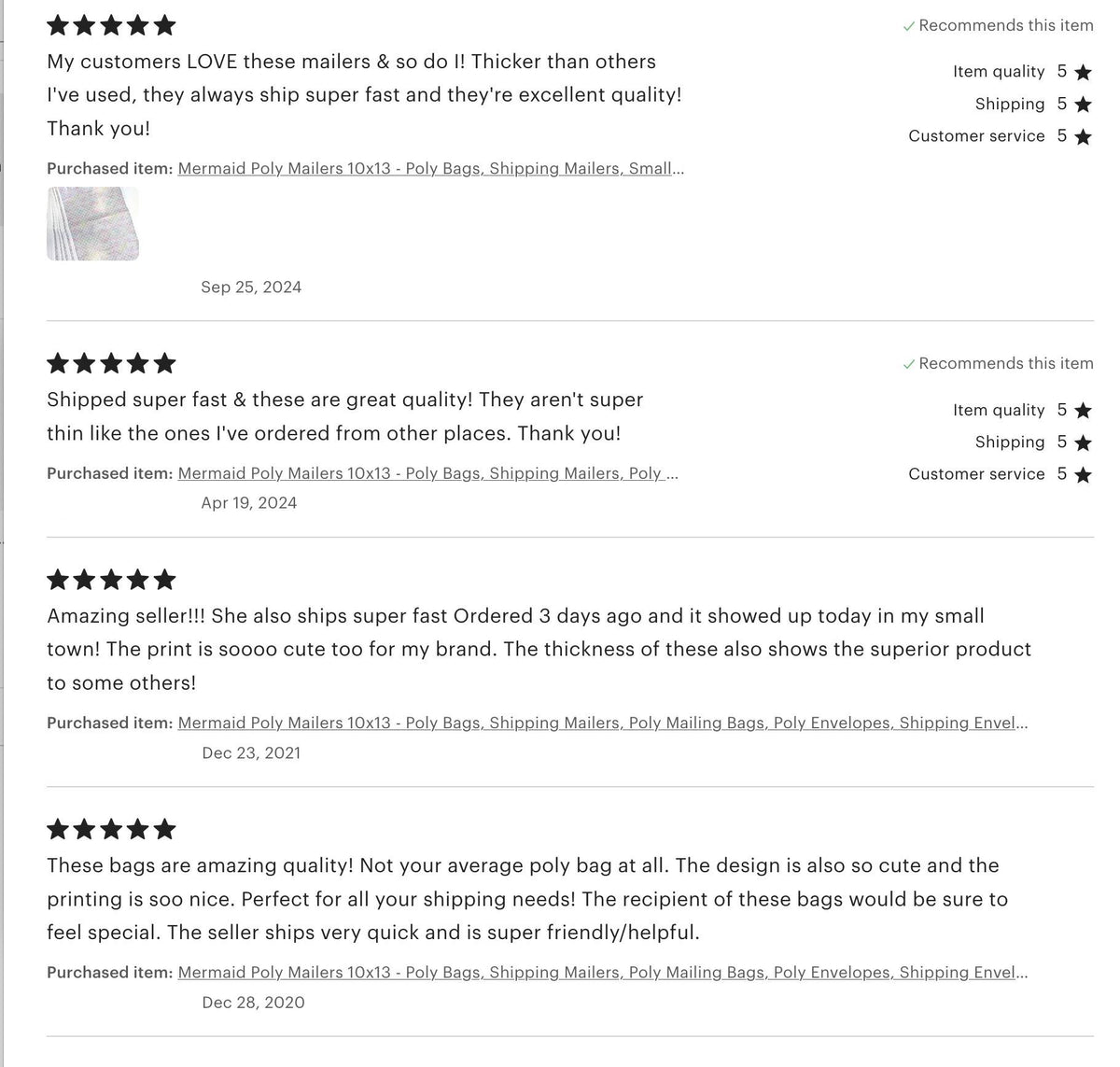 Five-star customer reviews of mermaid poly mailers