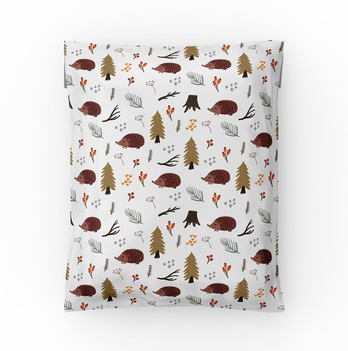 Hedgehog poly mailer 10x13 with brown hedgehogs, pine trees, twigs and berries print