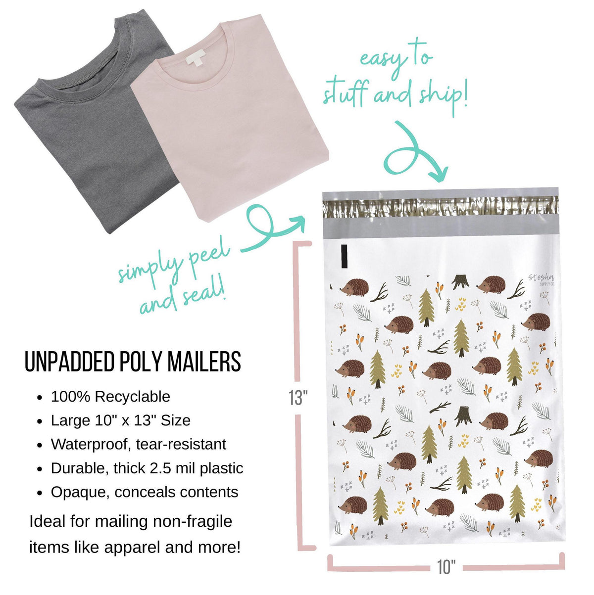Unpadded 10 x 13 inch poly mailer size chart with folded t-shirts and peel-and-seal closure