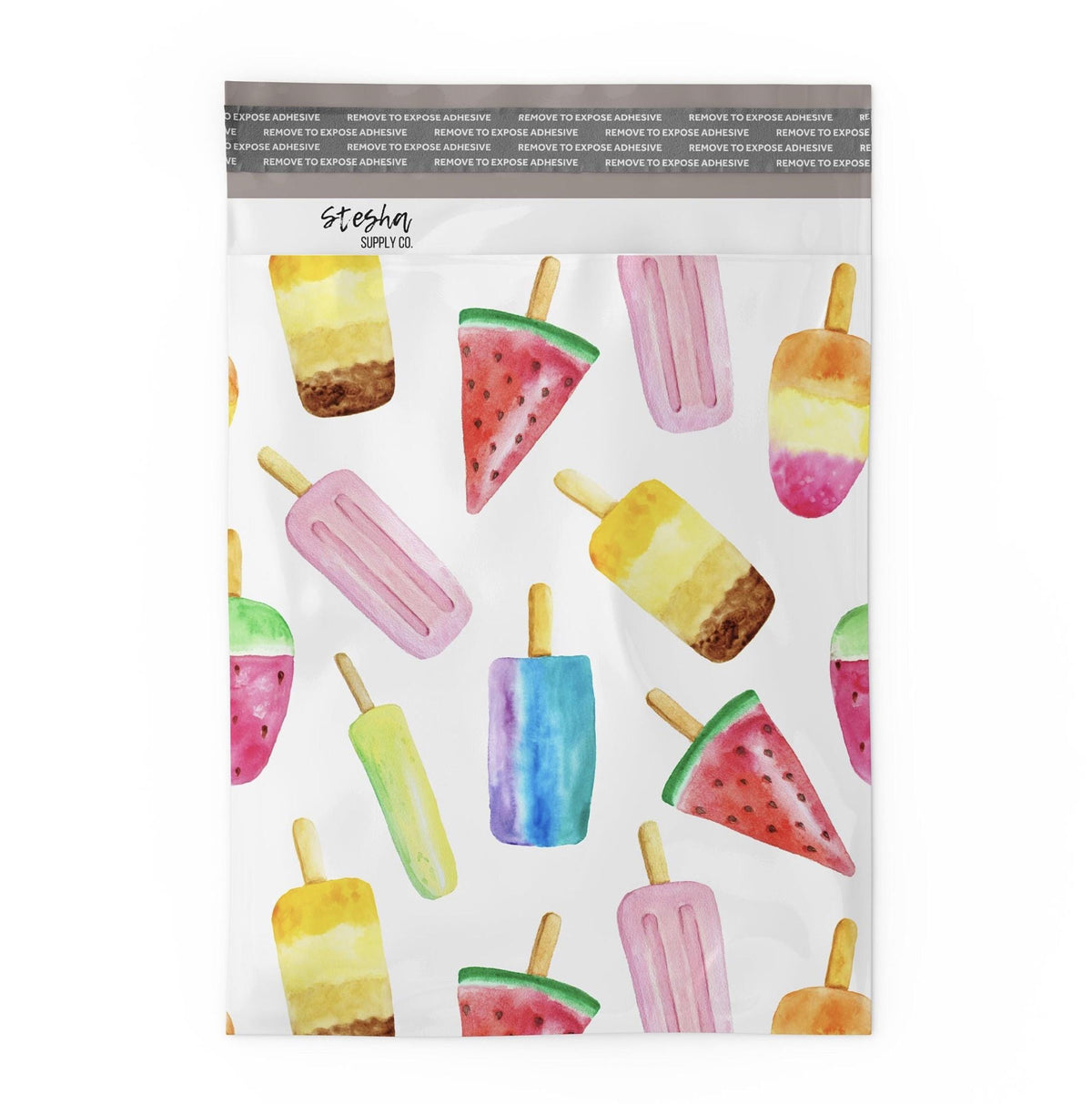 Flat popsicle poly mailer showing self-sealing adhesive strip at top