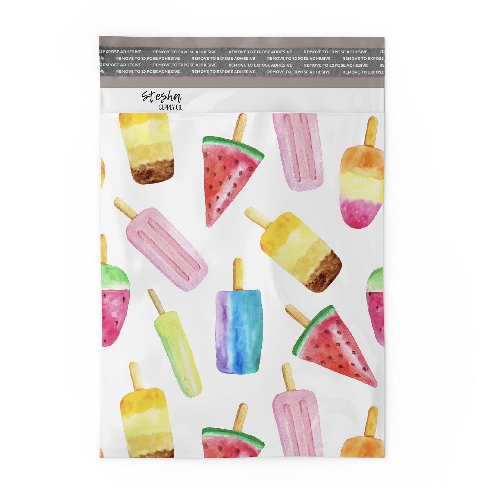 Flat popsicle poly mailer showing self-sealing adhesive strip at top