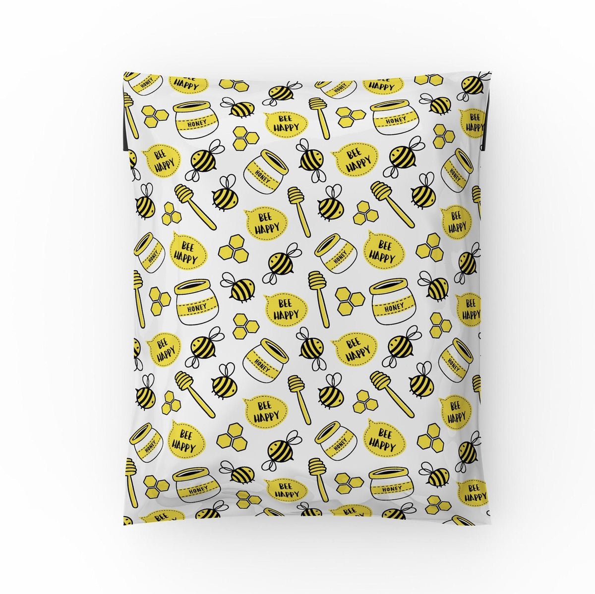 Honey bee poly mailer 10x13 with yellow bumble bees, honey jars and honey dippers print