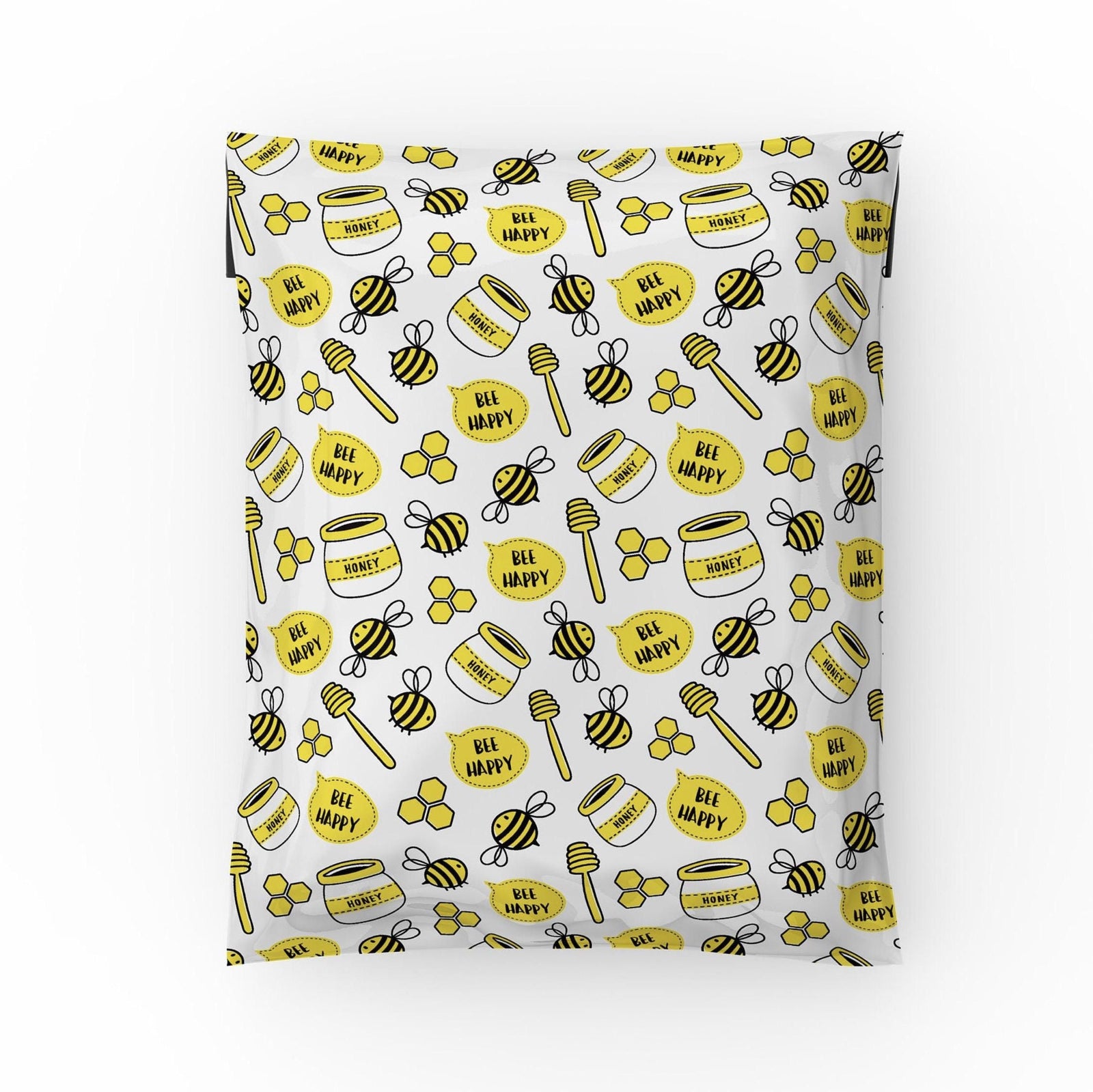 Honey bee poly mailer 10x13 with yellow bumble bees, honey jars and honey dippers print