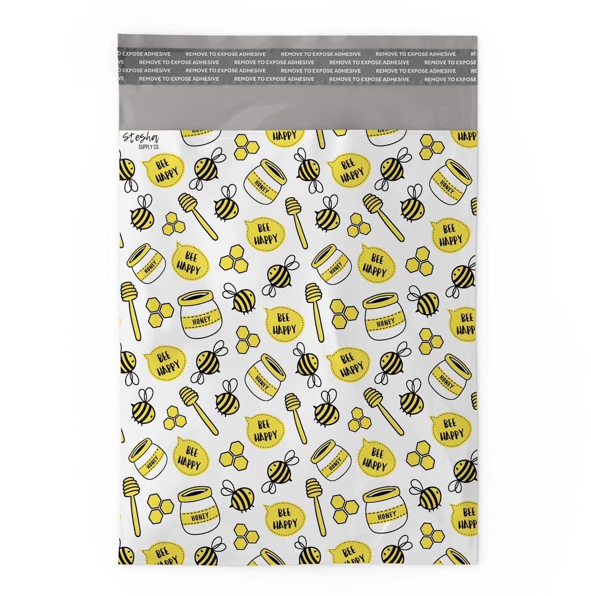 Flat honey bee poly mailer showing self-sealing adhesive strip at top