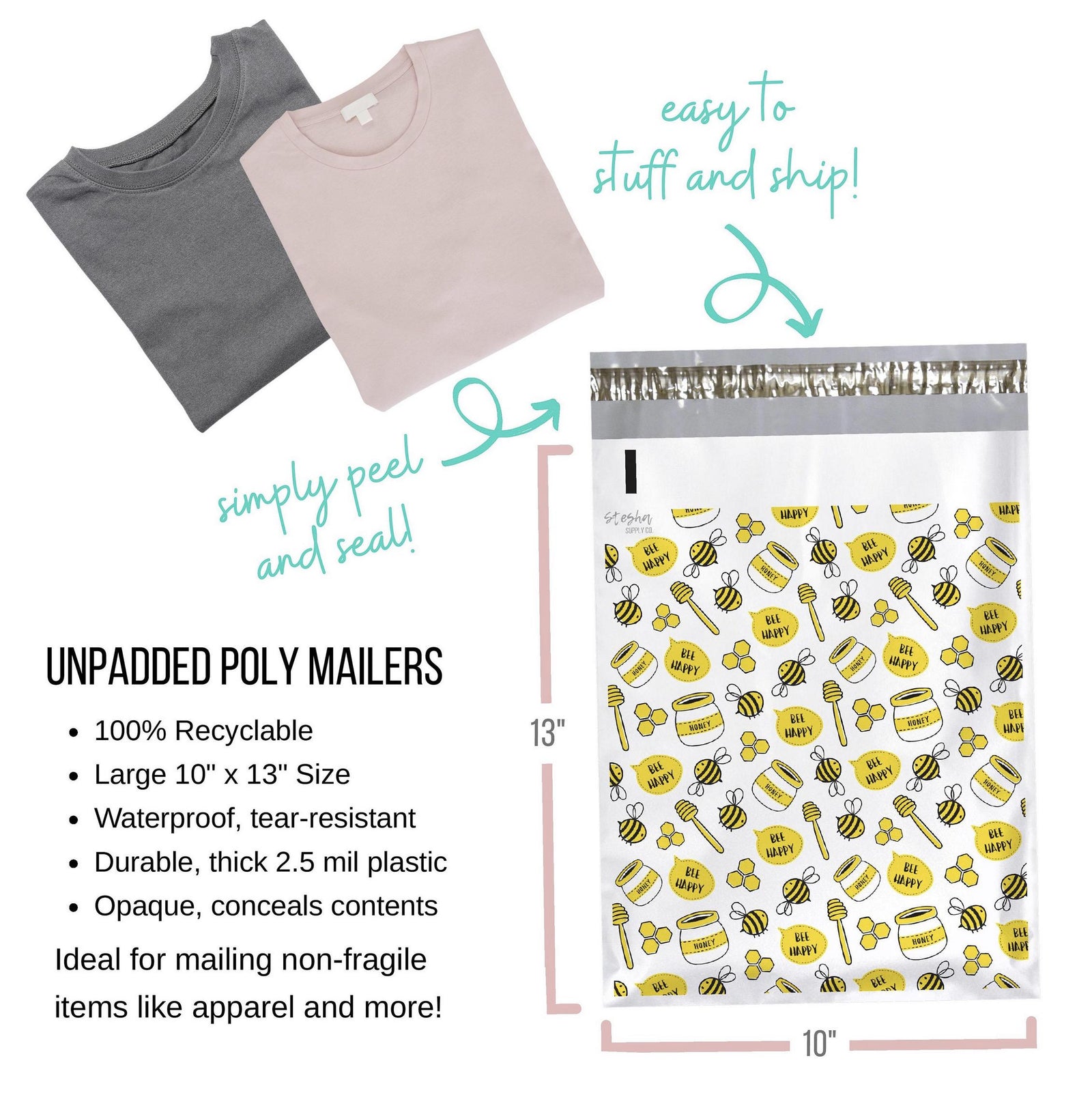 Unpadded 10 x 13 inch poly mailer size chart with folded t-shirts and peel-and-seal closure