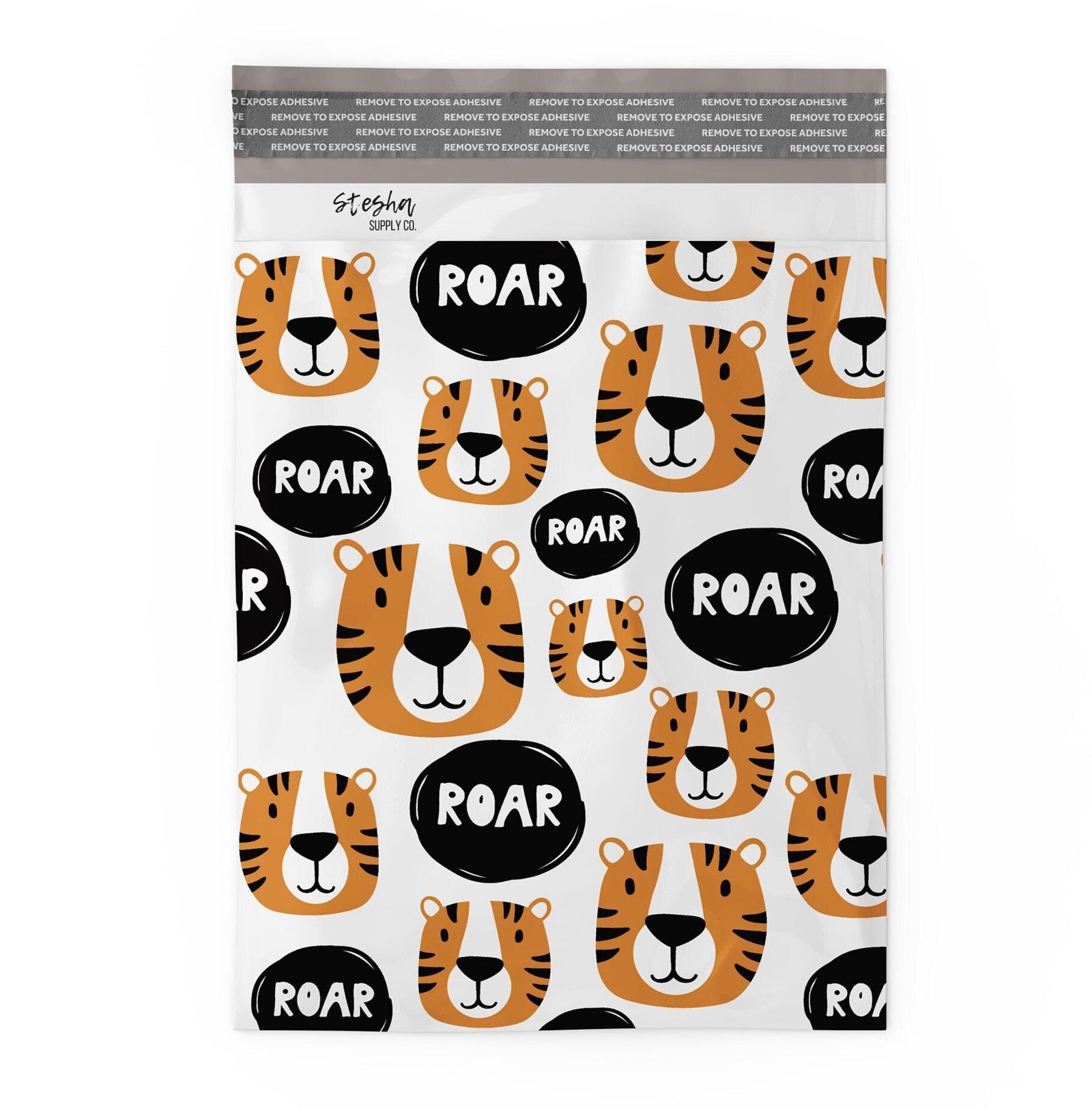Flat tiger poly mailer showing self-sealing adhesive strip at top