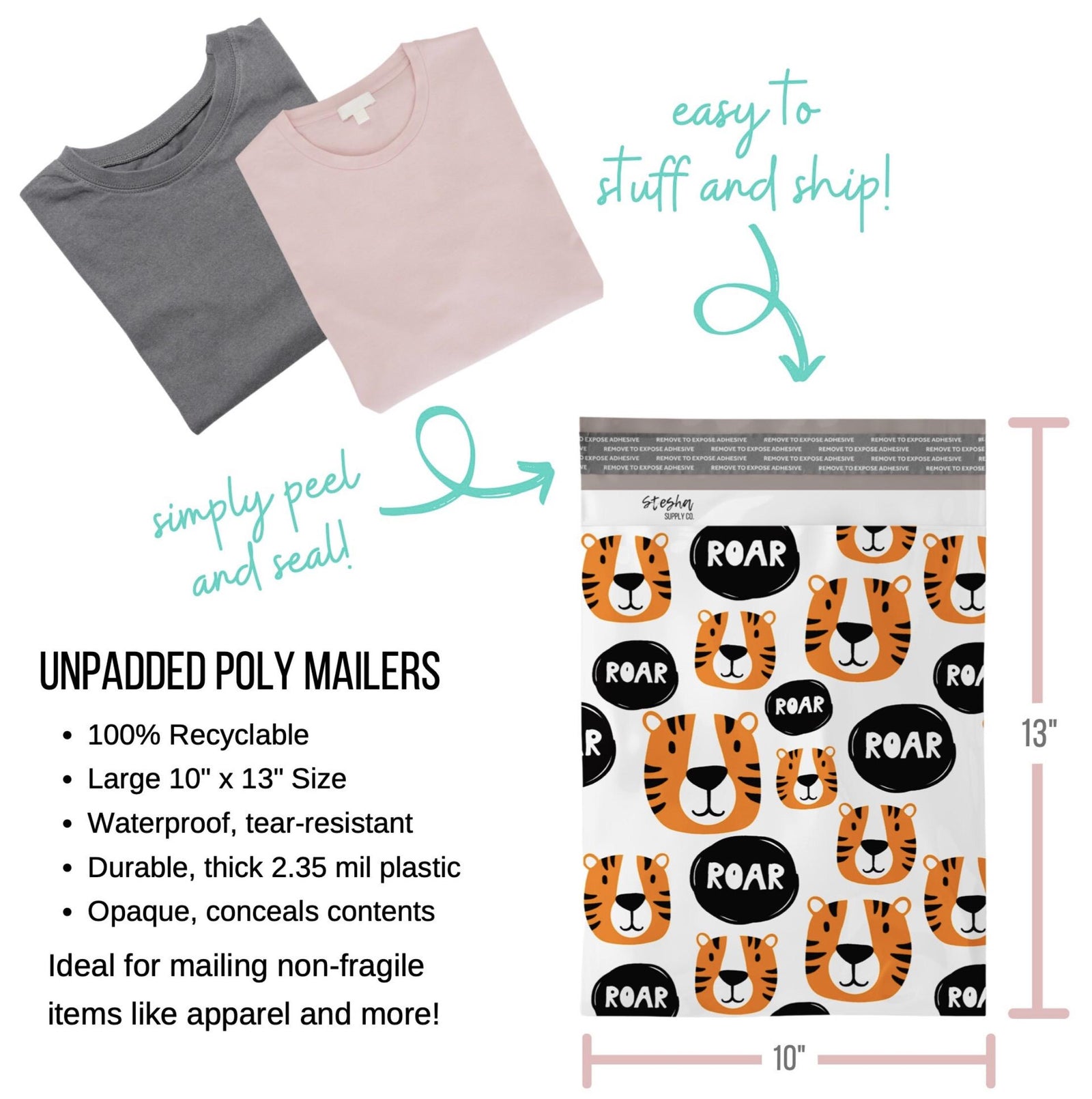 Unpadded 10 x 13 inch poly mailer size chart with folded t-shirts and peel-and-seal closure